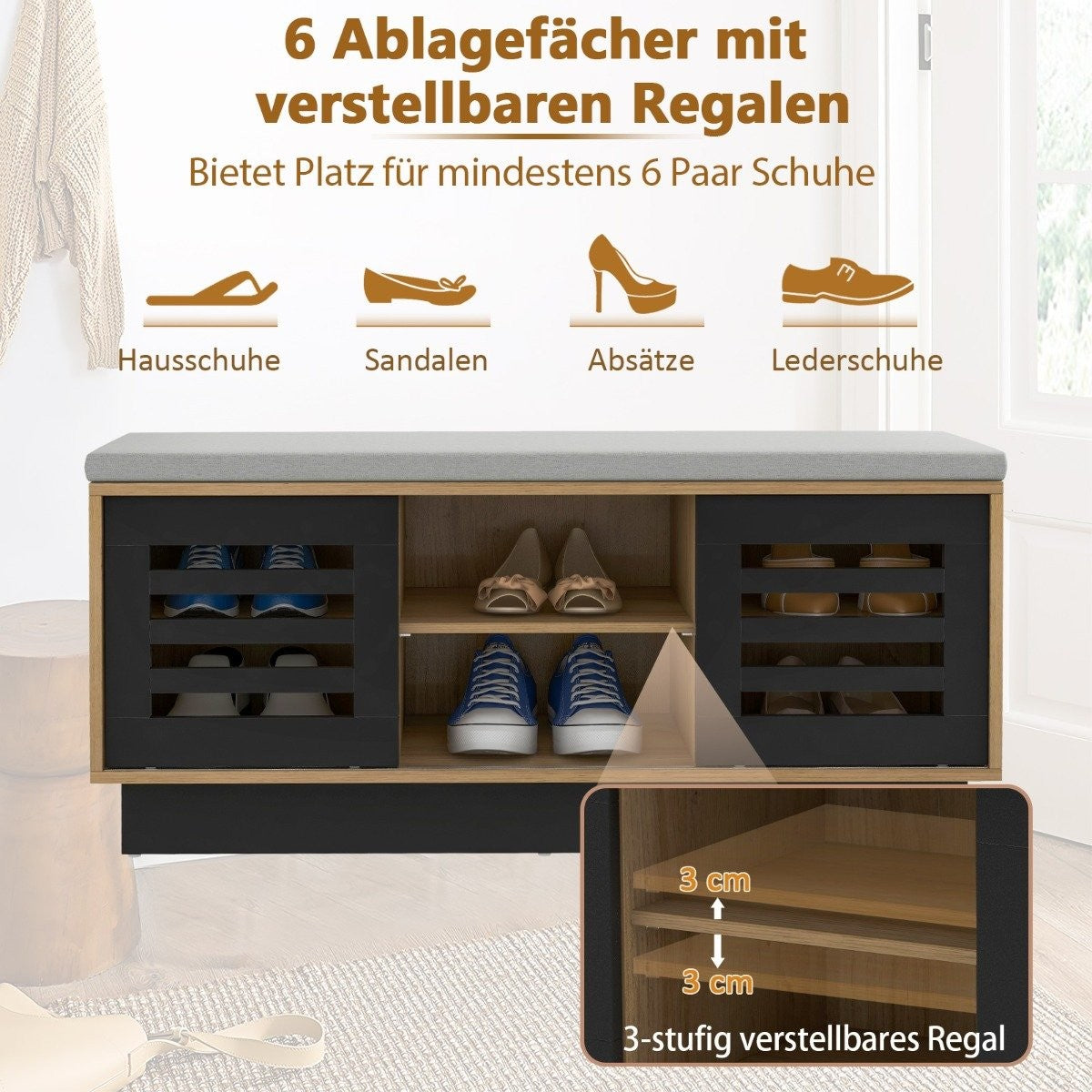 2 in 1 bench & shoe rack with 6 compartments & 3 adjustable shelves 99.5 x 34.5 x 46 cm natural