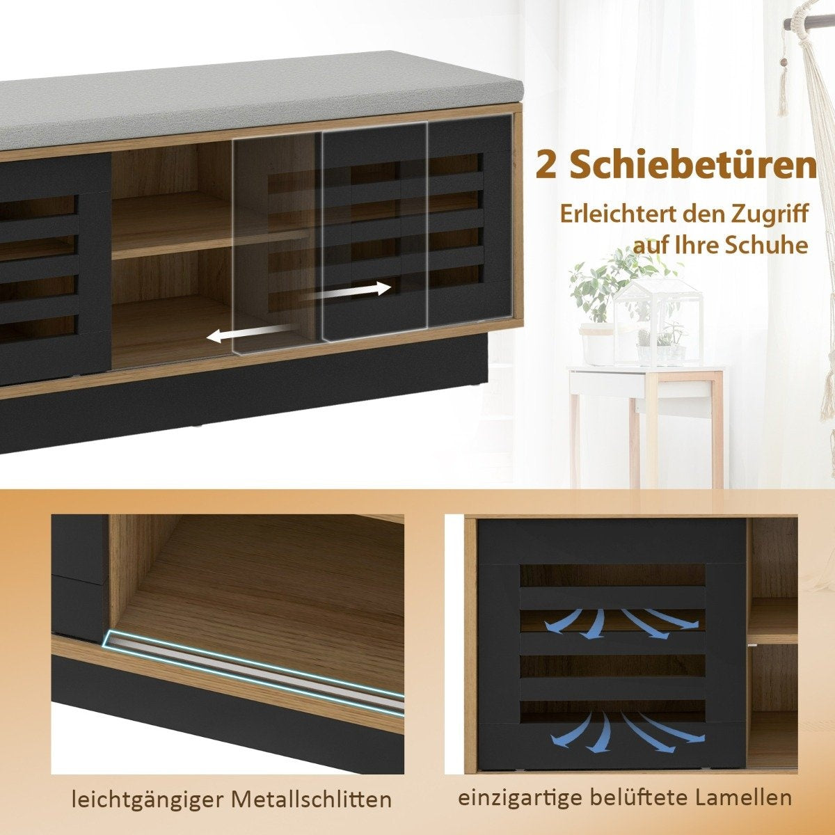2 in 1 bench & shoe rack with 6 compartments & 3 adjustable shelves 99.5 x 34.5 x 46 cm natural