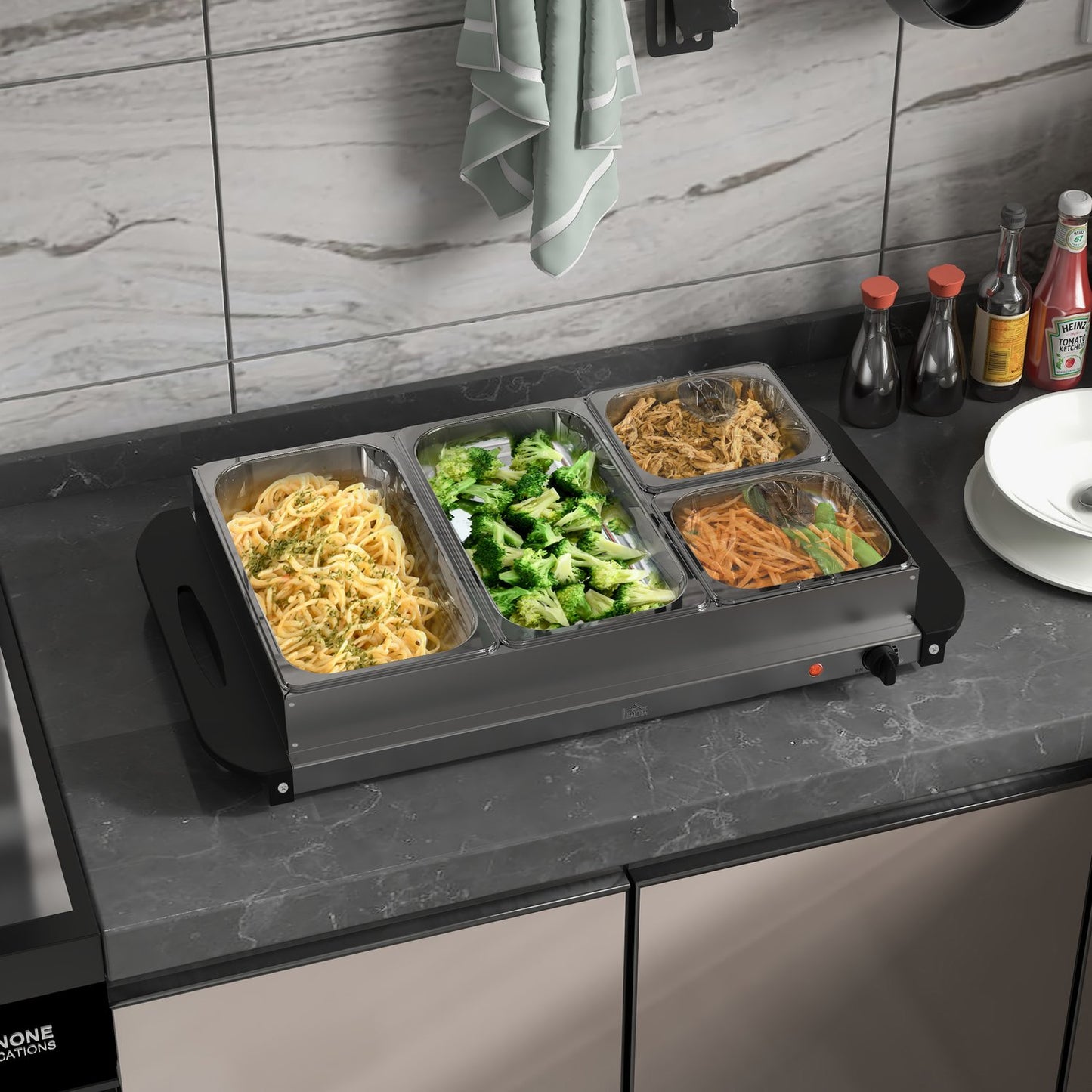 2-in-1 buffet warmer 6.8L hot plate 300 Watt stainless steel food warmer silver