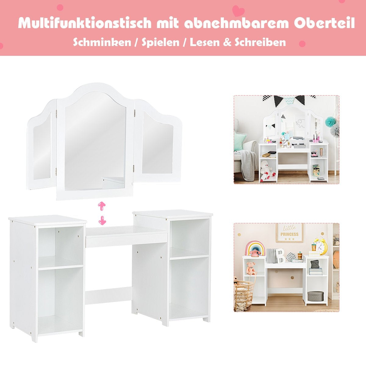 2 in 1 children's dressing table desk with mirror 107 × 40 × 117 cm white