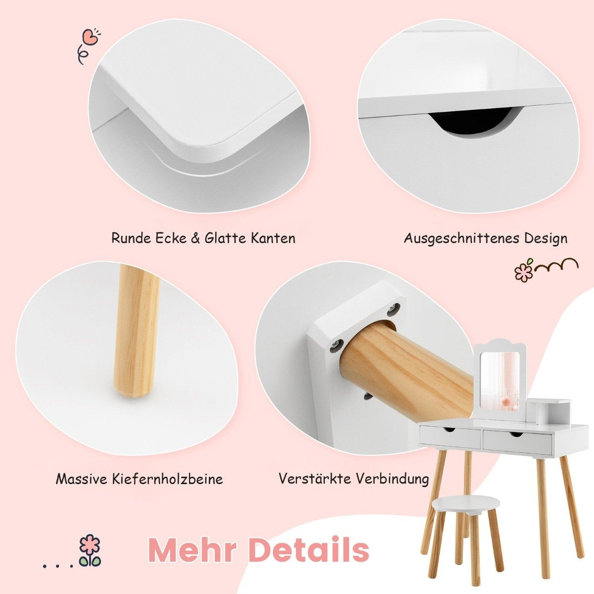 2 in 1 children's dressing table set desk & stool with mirror 70 x 37 x 100 cm white