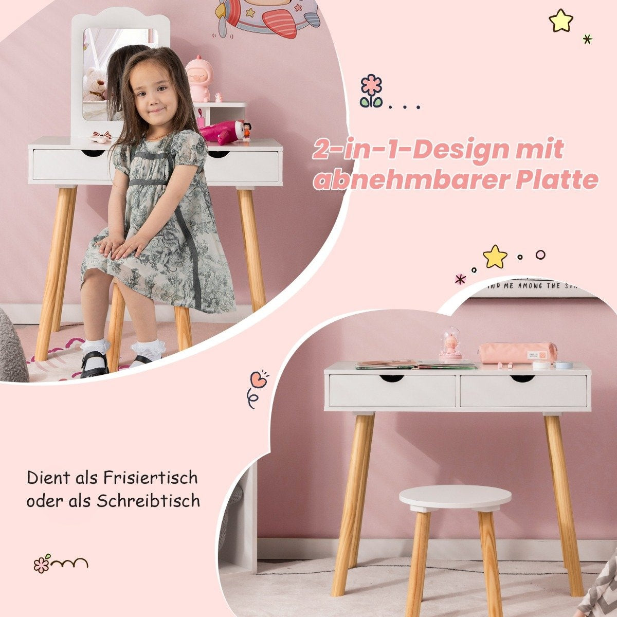 2 in 1 children's dressing table set desk & stool with mirror 70 x 37 x 100 cm white