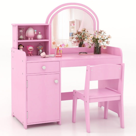 2 in 1 children's dressing table set with stool & LED lights & mirror & drawer cosmetic table pink