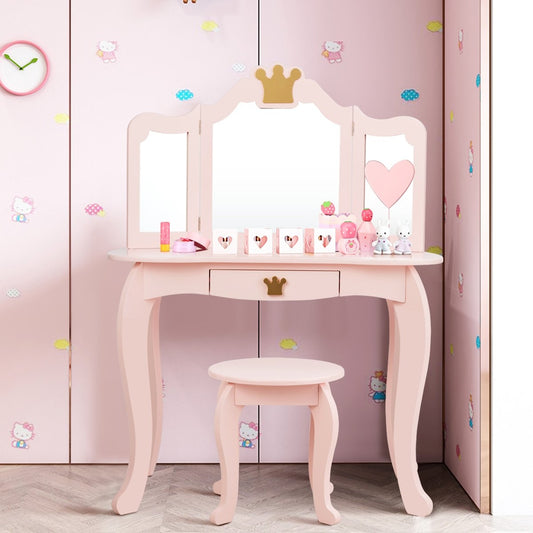 2 in 1 children's dressing table with stool and removable mirror girls dressing table mirror table 80x42x105cm pink