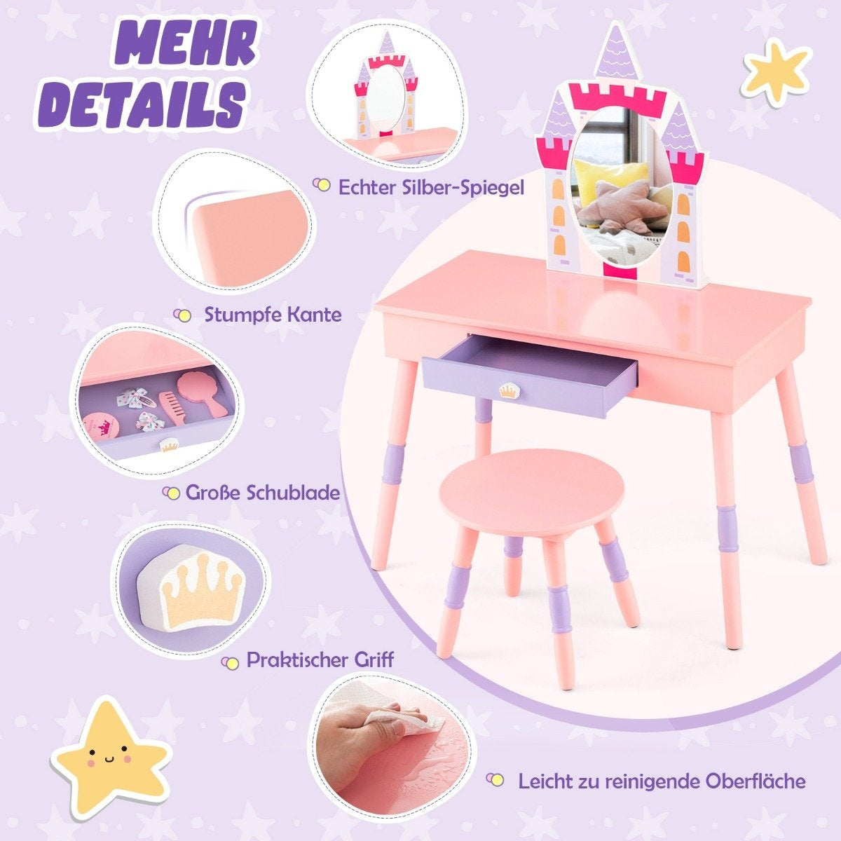 2 in 1 children's dressing table with stool dressing table set made of wood pink