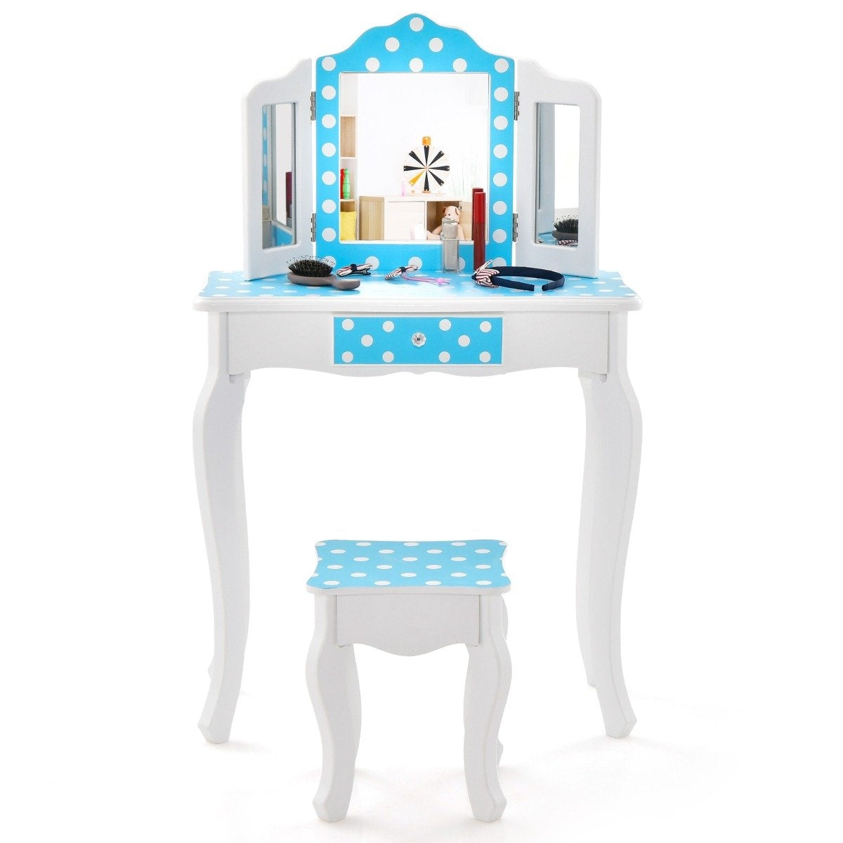 2 in 1 children's dressing table with stool & triple folding mirror & drawer dot blue