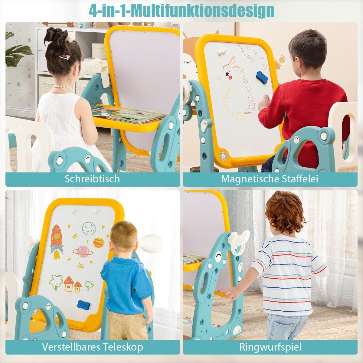 2 in 1 children's easel with 3-level adjustable whiteboard and painting accessories blue + yellow