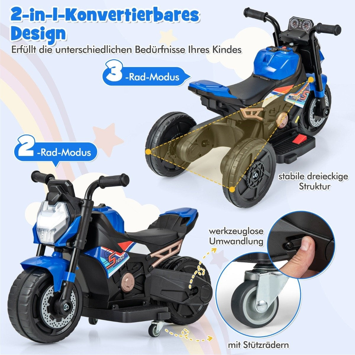 2-in-1 children's electric motorcycle with removable training wheels &amp; Headlights &amp; Music &amp; Horn blue 74 x 38 x 48 cm