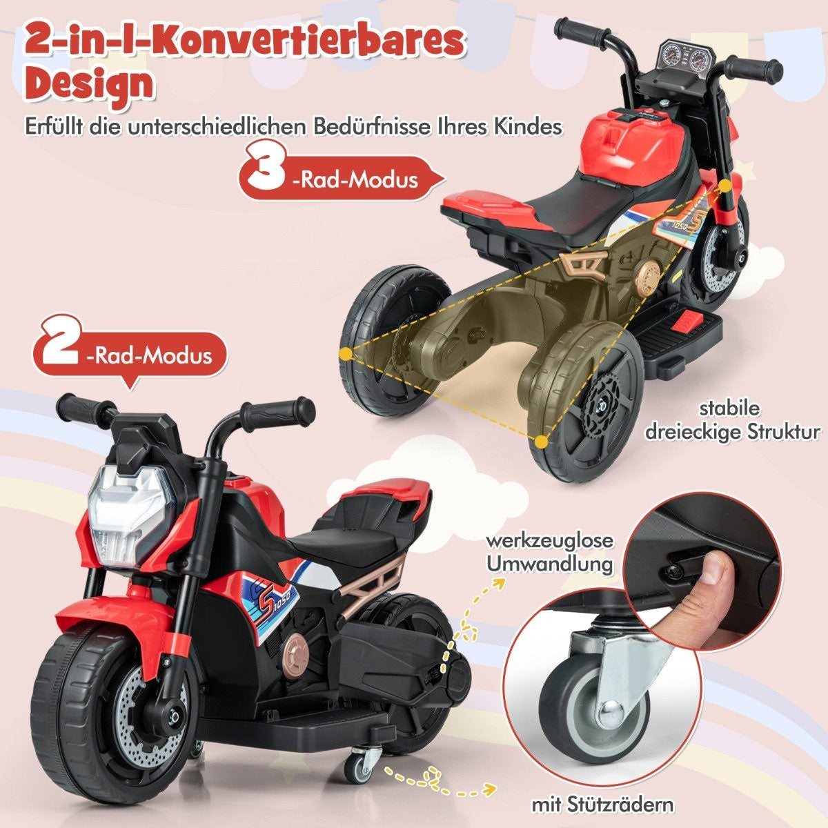 2-in-1 children's electric motorcycle with removable training wheels &amp; Headlights &amp; Music &amp; Horn red 74 x 38 x 48 cm