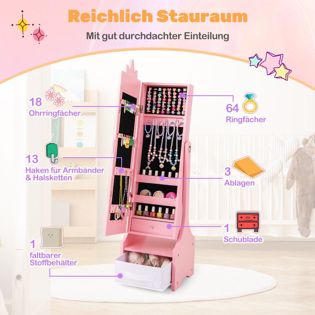 2 in 1 children's jewelry cabinet with full-length mirror &amp; Drawer mirror cabinet makeup mirror pink