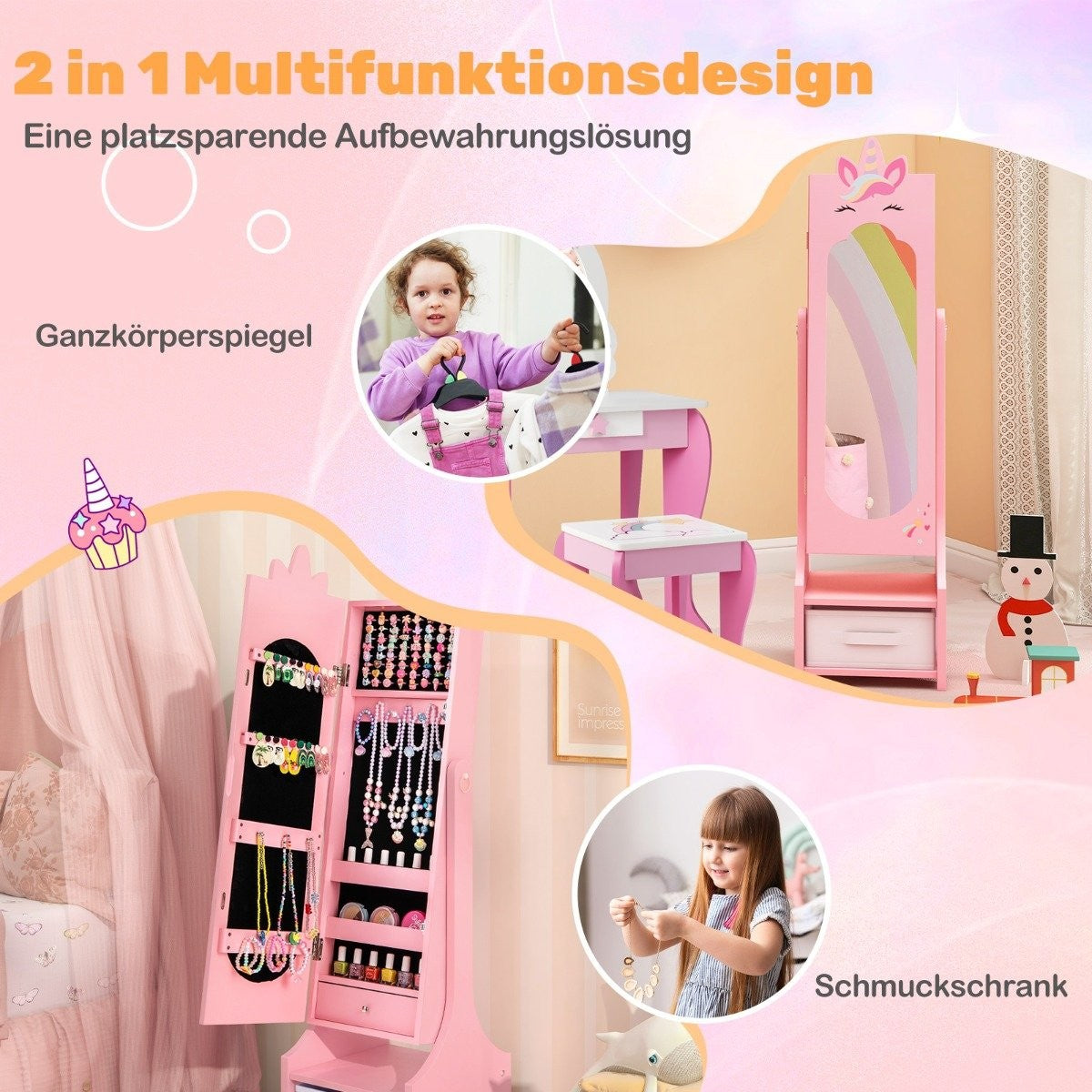 2 in 1 children's jewelry cabinet with full-length mirror &amp; Drawer mirror cabinet makeup mirror pink