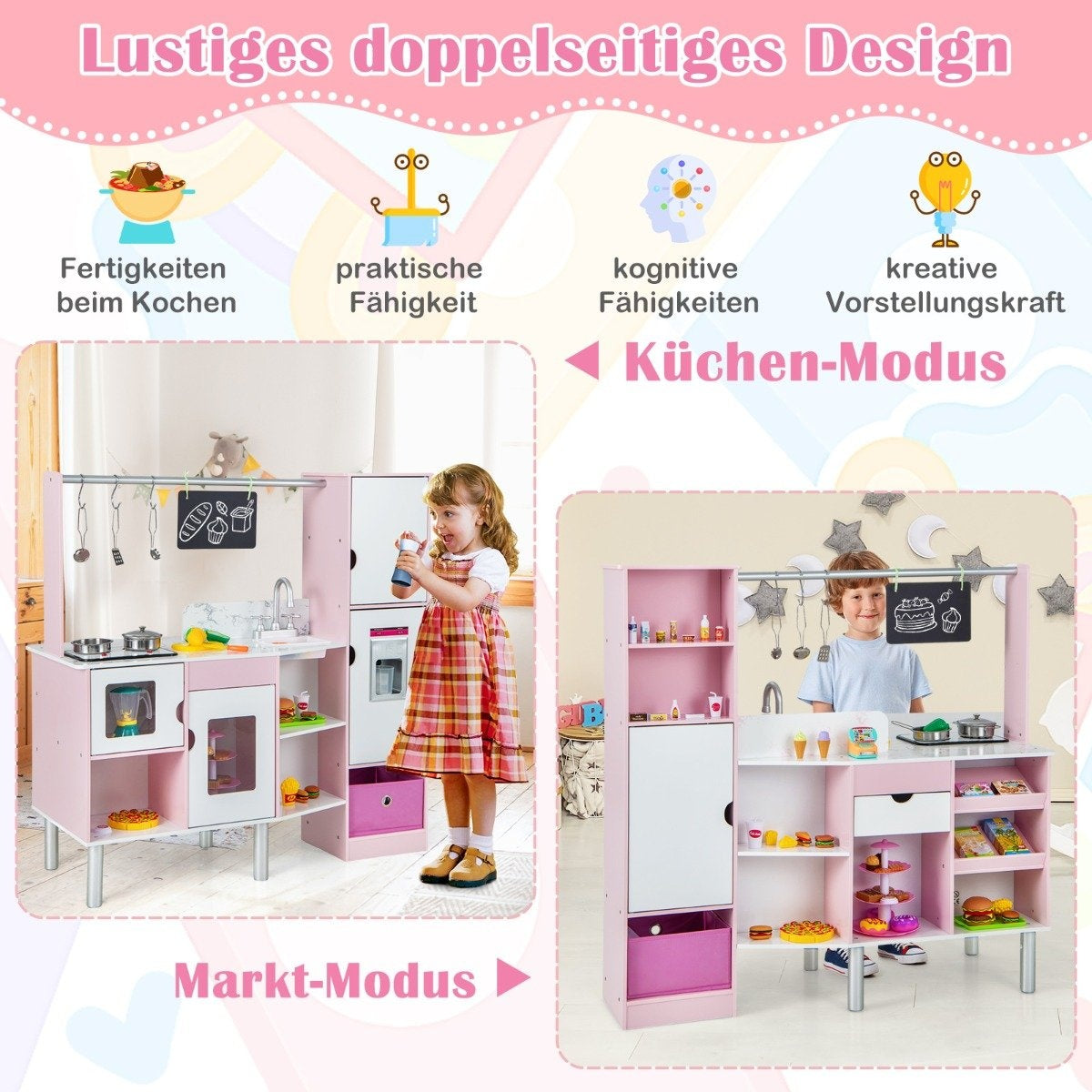 2 in 1 children's kitchen & shop with light & sound & 82 accessories & board & ice cream maker play kitchen