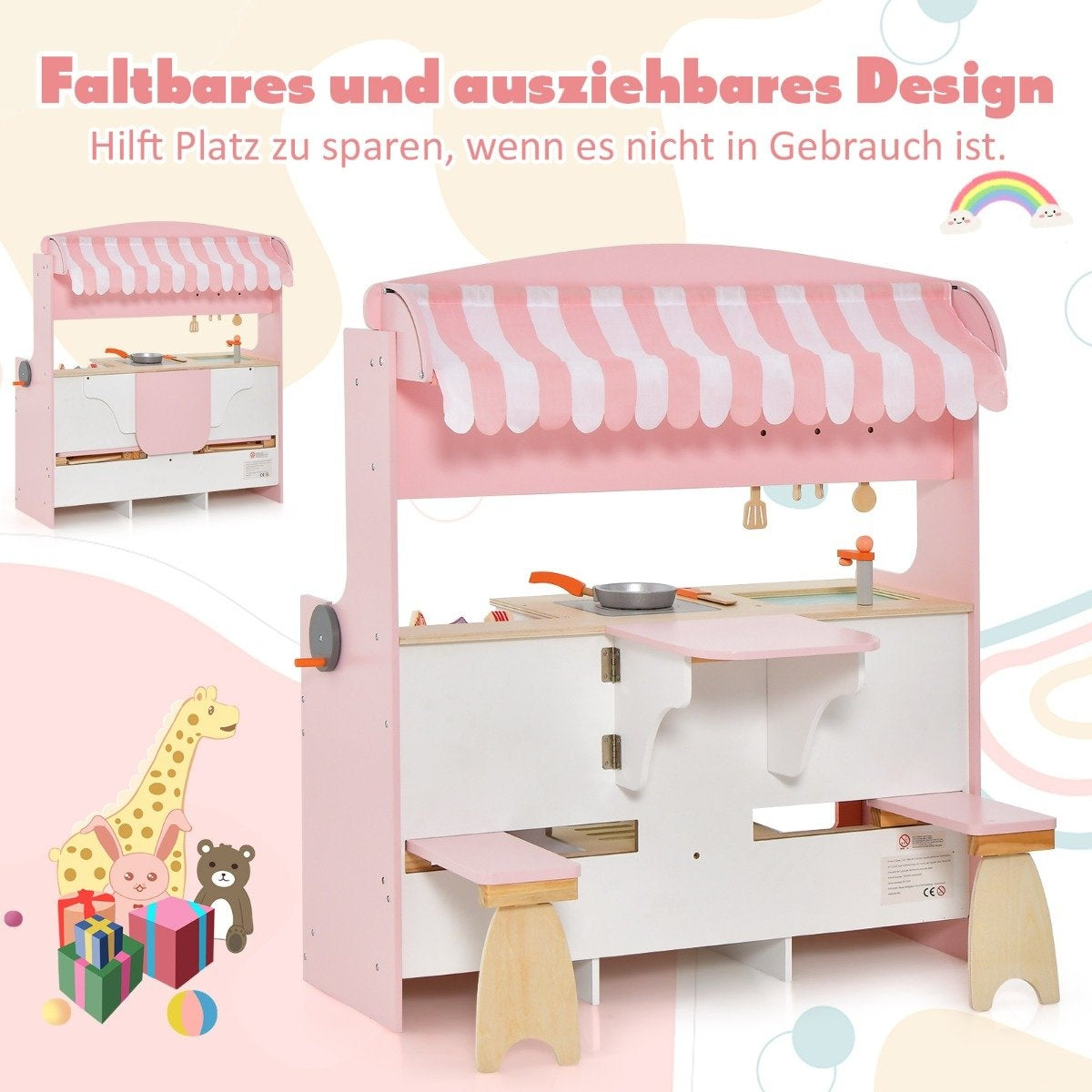 2 in 1 children's kitchen with stove & oven & grill & adjustable canopy. Double-sided play kitchen