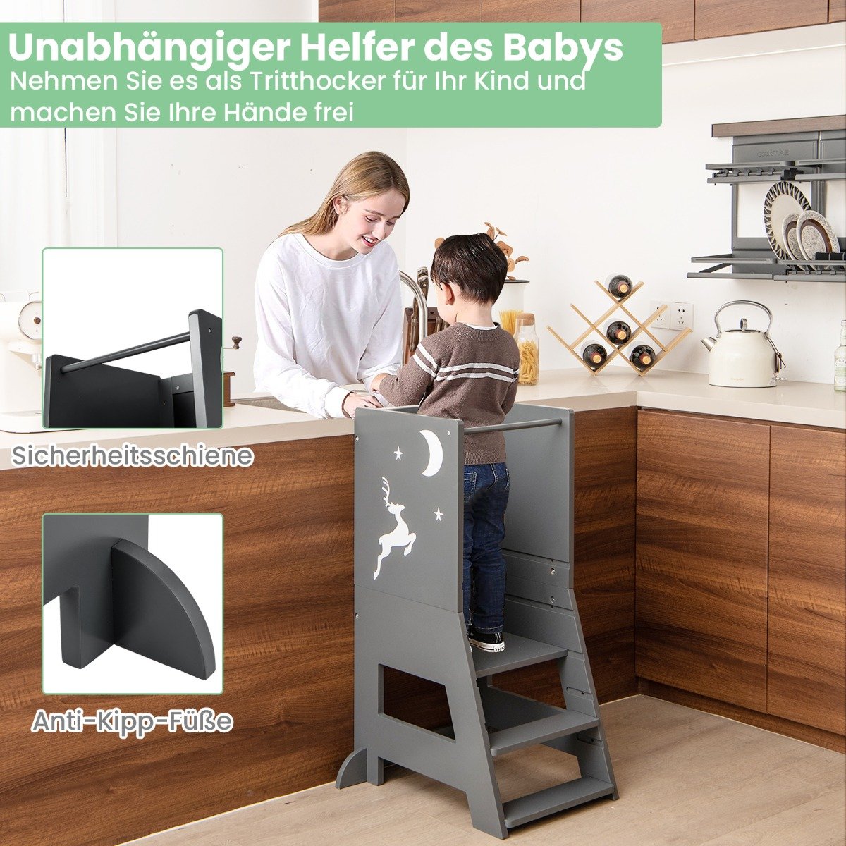2 in 1 children's learning tower with double-sided board &amp; 3 Adjustable Heights Kitchen Stool Step Stool Gray