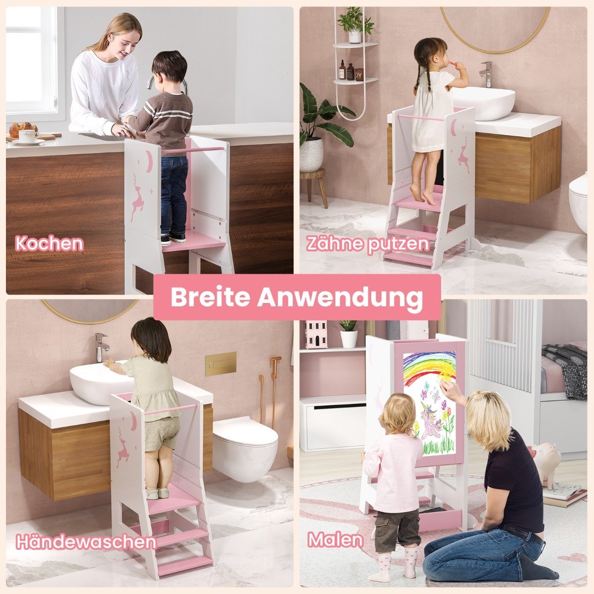 2 in 1 children's learning tower with double-sided board &amp; 3 Adjustable Heights Kitchen Stool Step Stool Pink