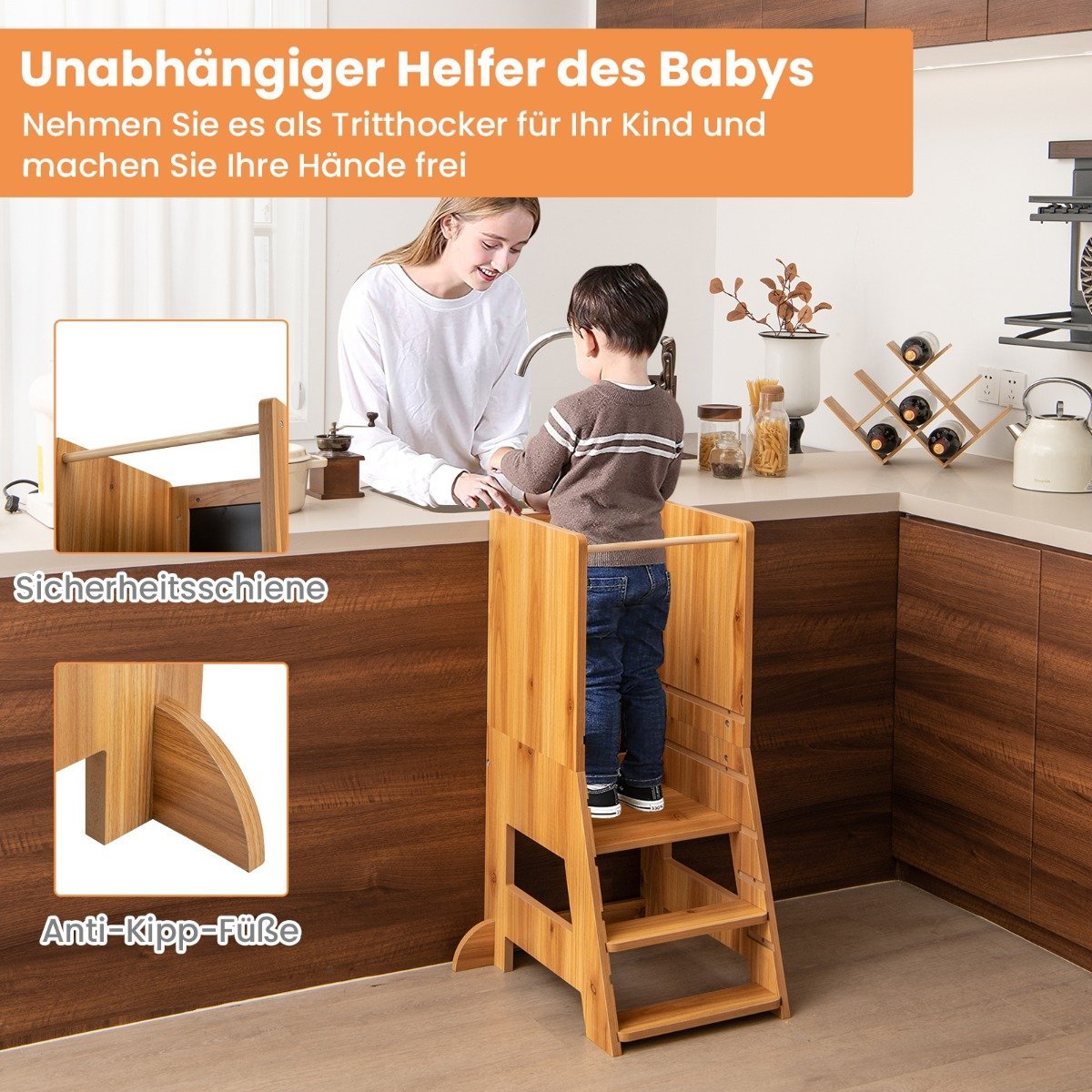 2 in 1 children's learning tower with double-sided board &amp; 3 adjustable heights kitchen stool step stool natural
