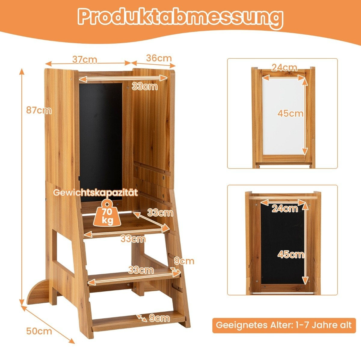 2 in 1 children's learning tower with double-sided board &amp; 3 adjustable heights kitchen stool step stool natural