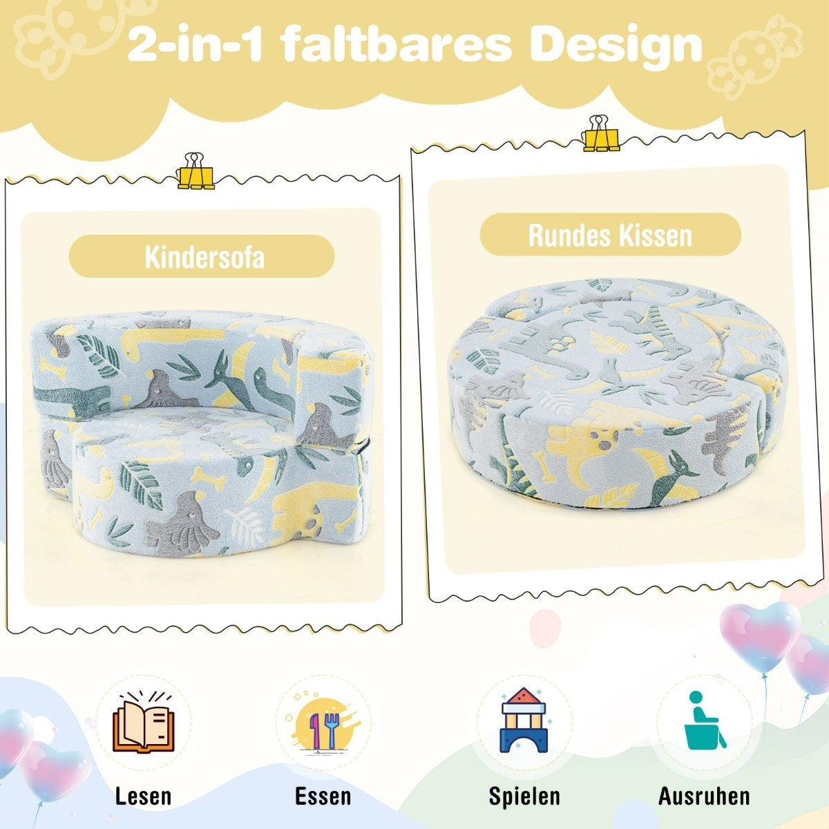 2 in 1 children's sofa round play sofa glowing in the dark children's couch upholstered with removable cover blue