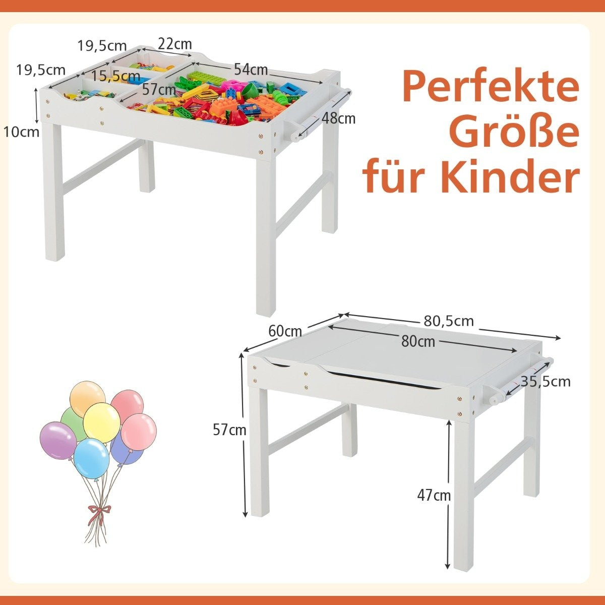 2 in 1 children's table made of pine wood with reversible table top & storage space & white paper roll