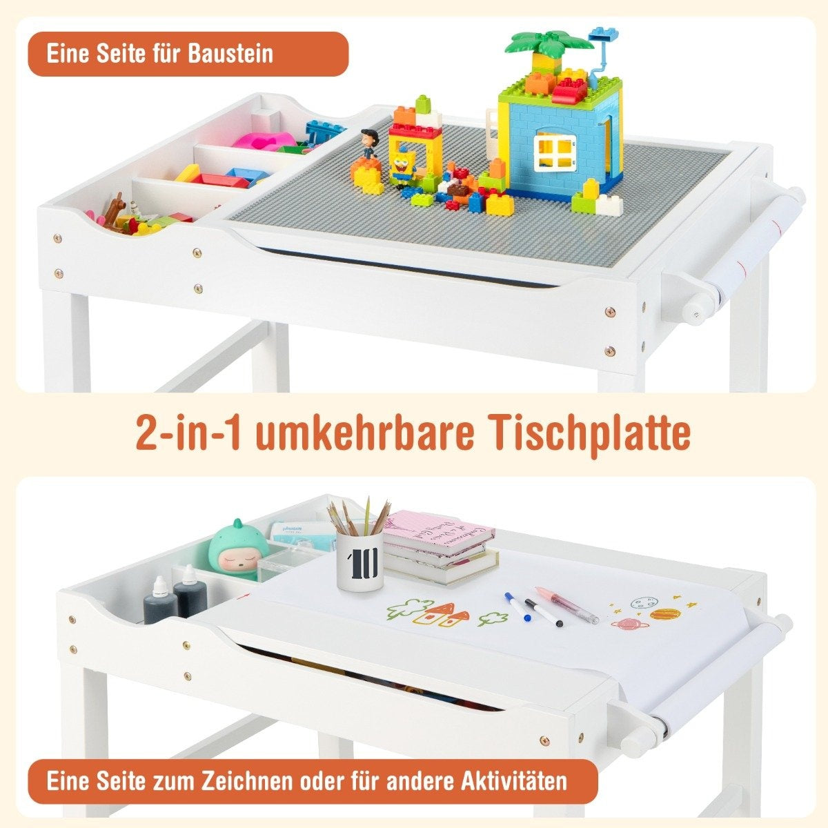 2 in 1 children's table made of pine wood with reversible table top & storage space & white paper roll