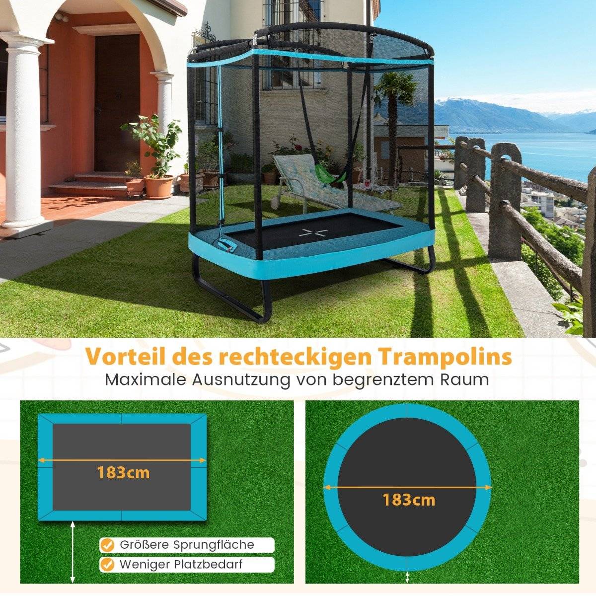 2 in 1 children's trampoline with swing & safety net & edge cover blue + black