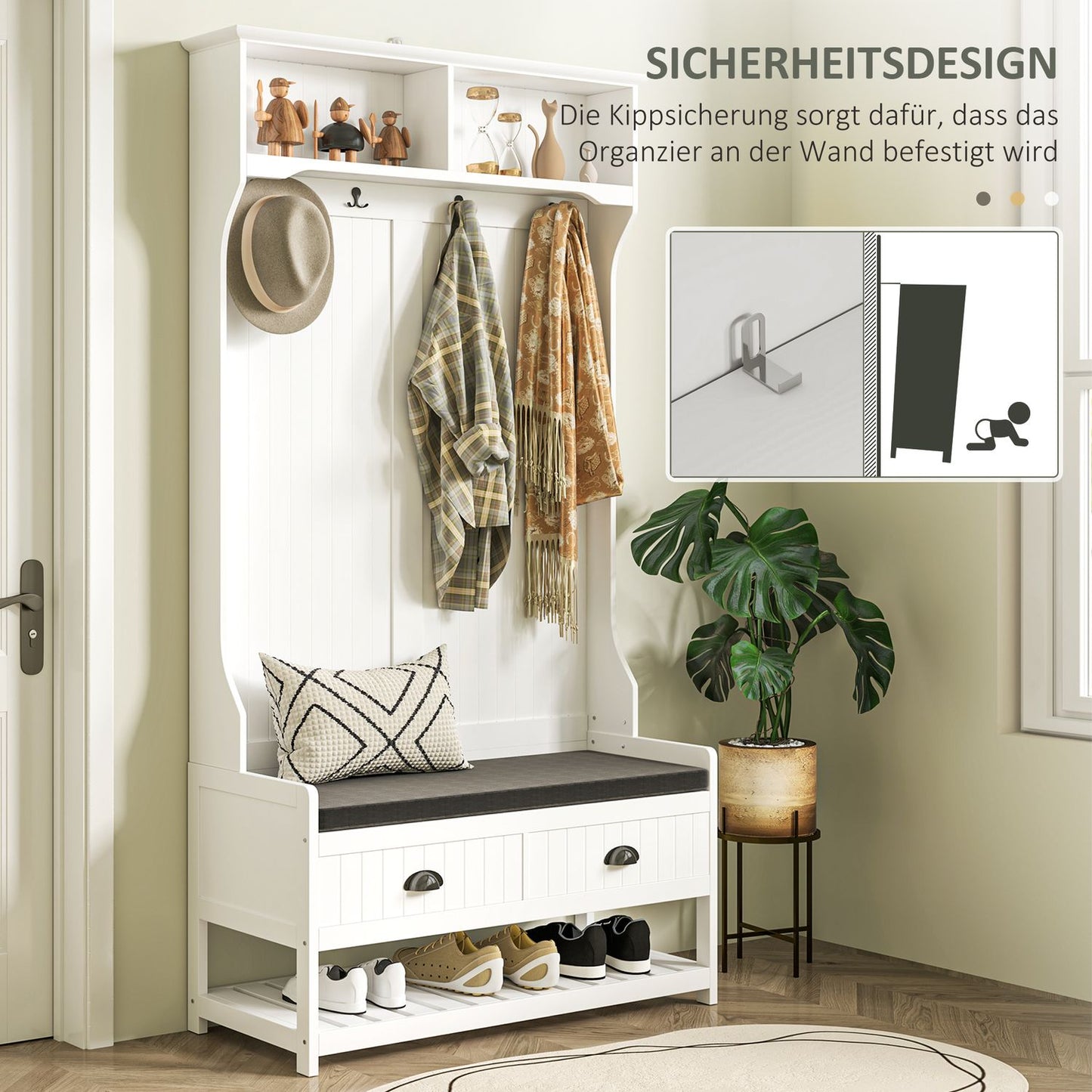 White coat hanger and shoe bench with hooks - Entrance storage