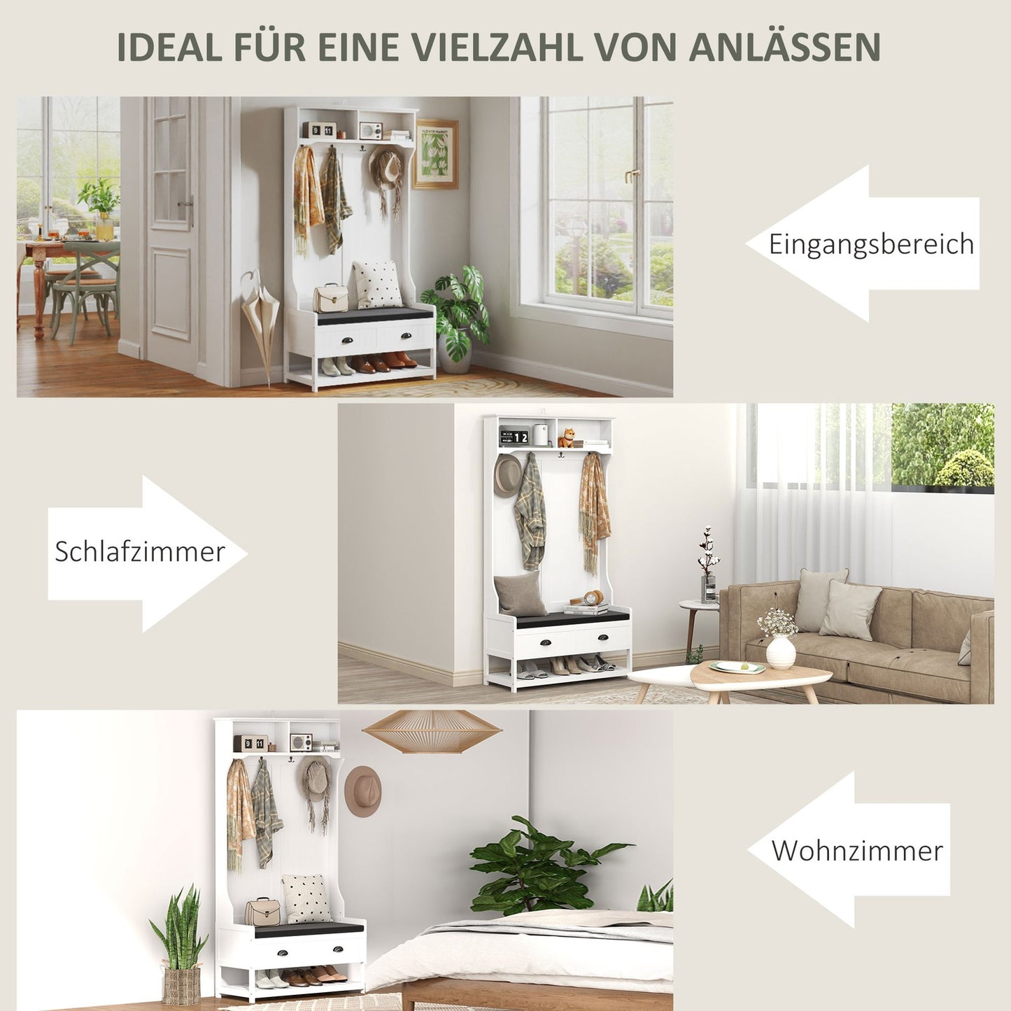 White coat hanger and shoe bench with hooks - Entrance storage