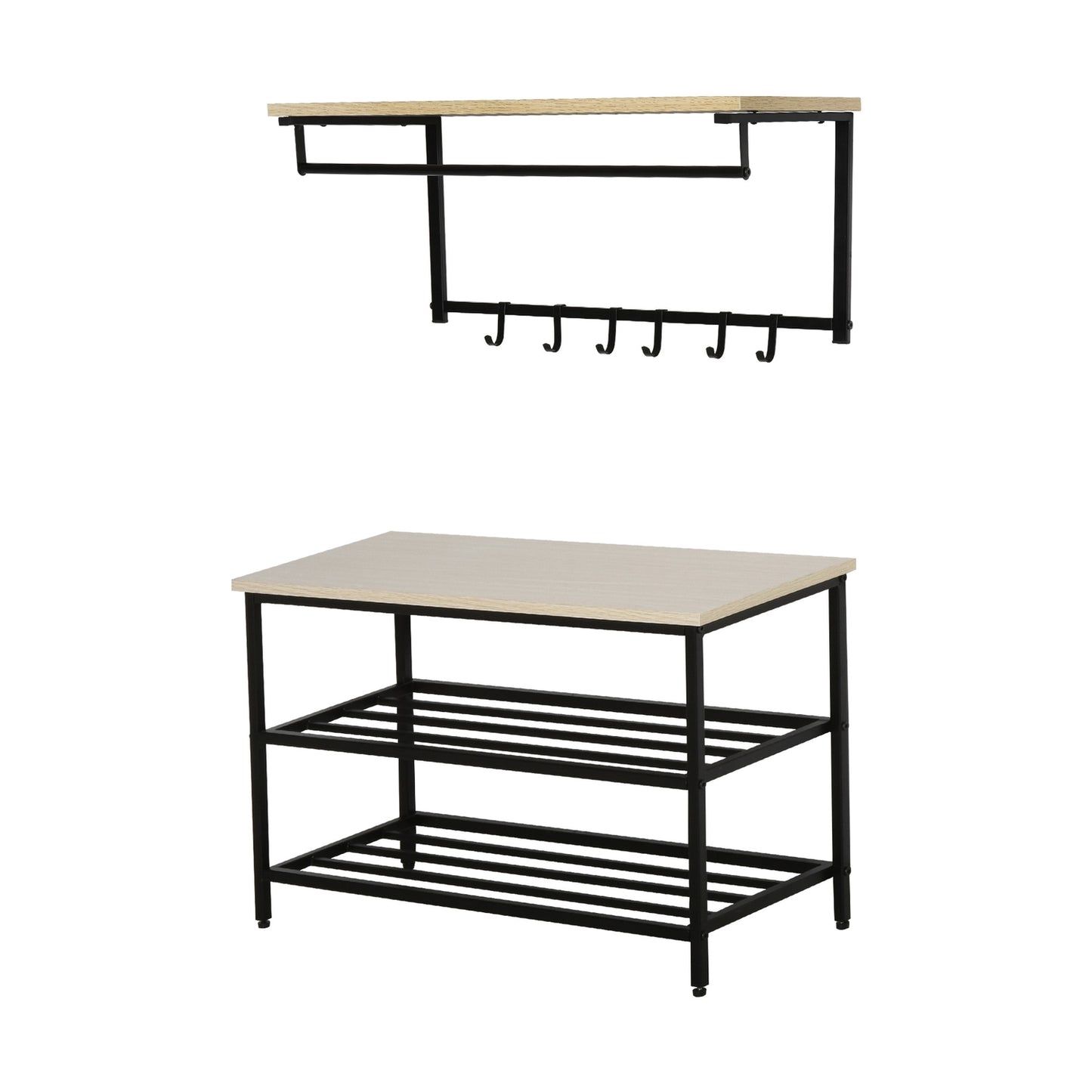 2-in-1 clothes hanger with bench, 6 hooks, natural and black