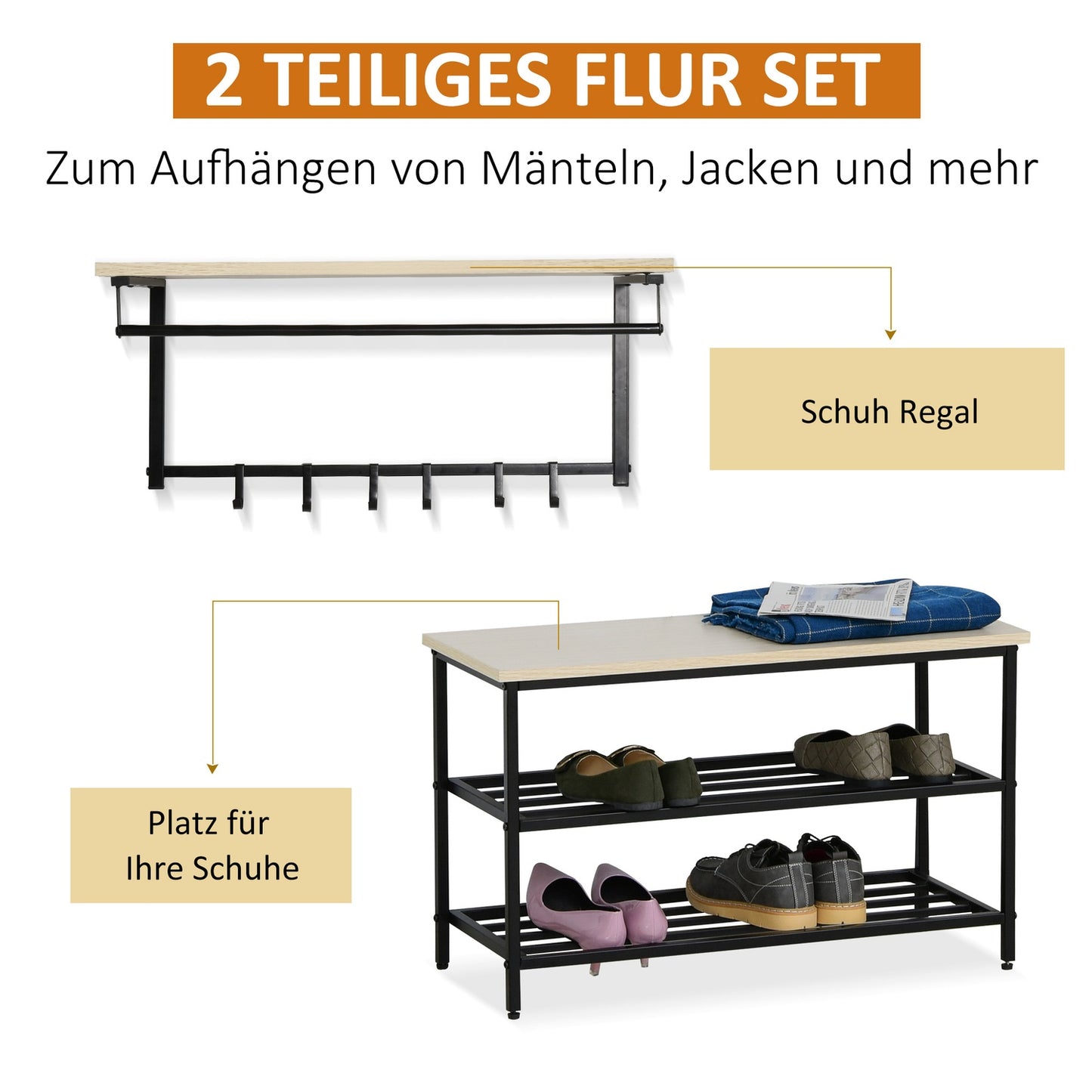 2-in-1 clothes hanger with bench, 6 hooks, natural and black