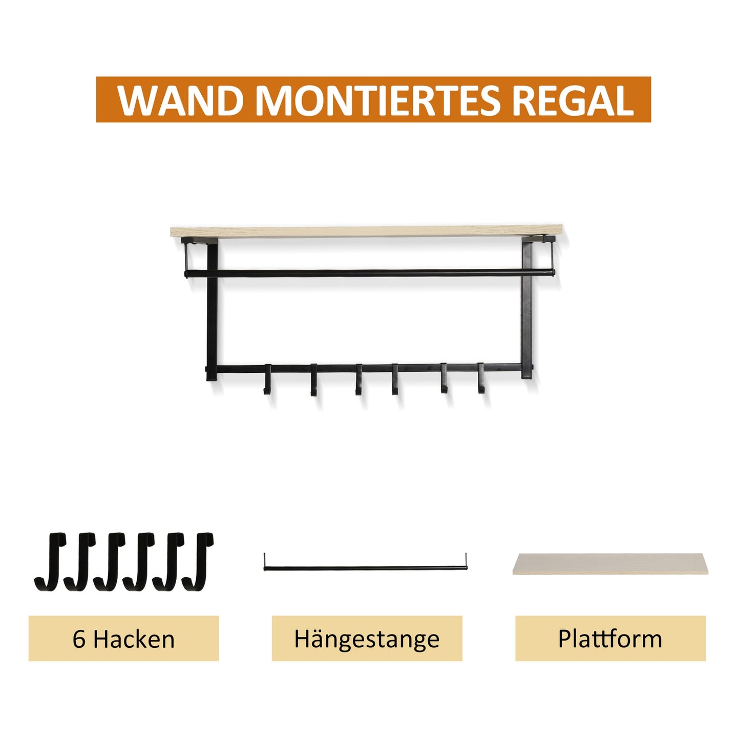 2-in-1 clothes hanger with bench, 6 hooks, natural and black