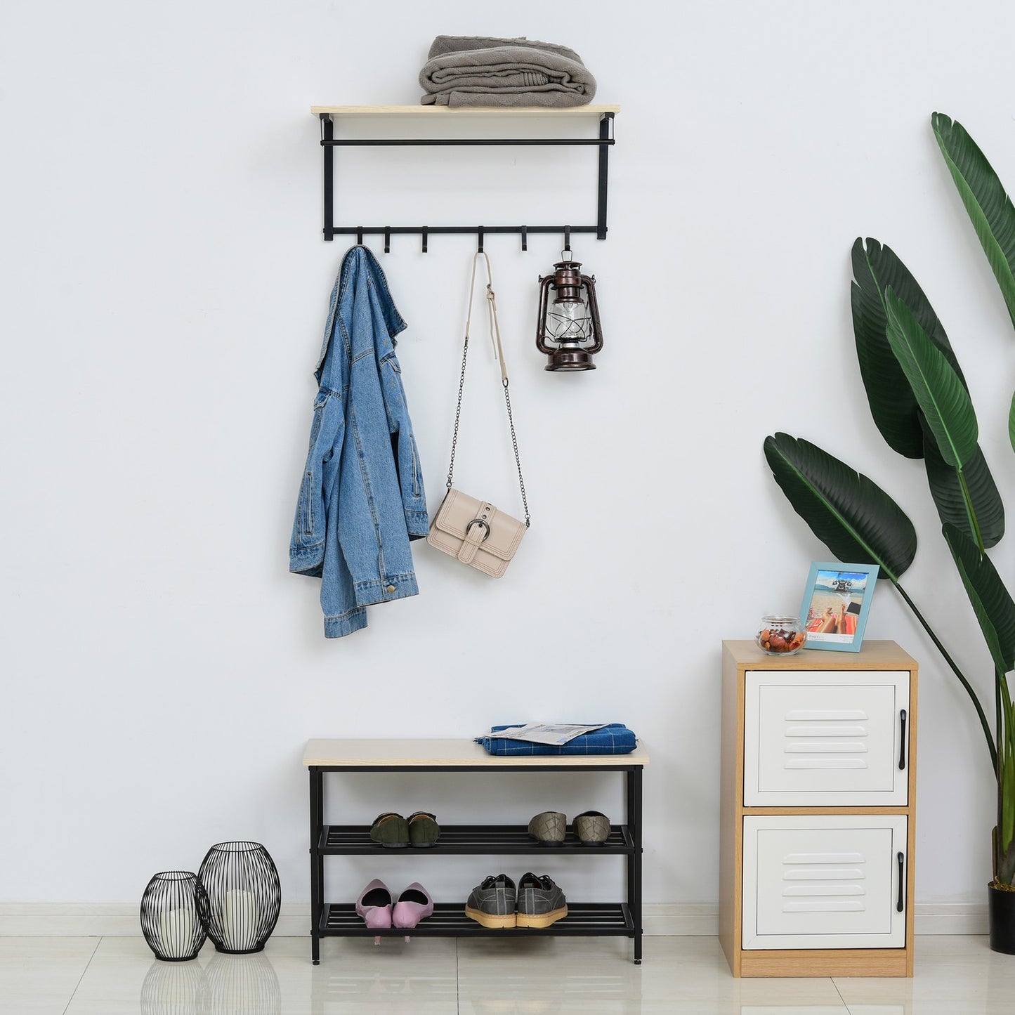2-in-1 clothes hanger with bench, 6 hooks, natural and black