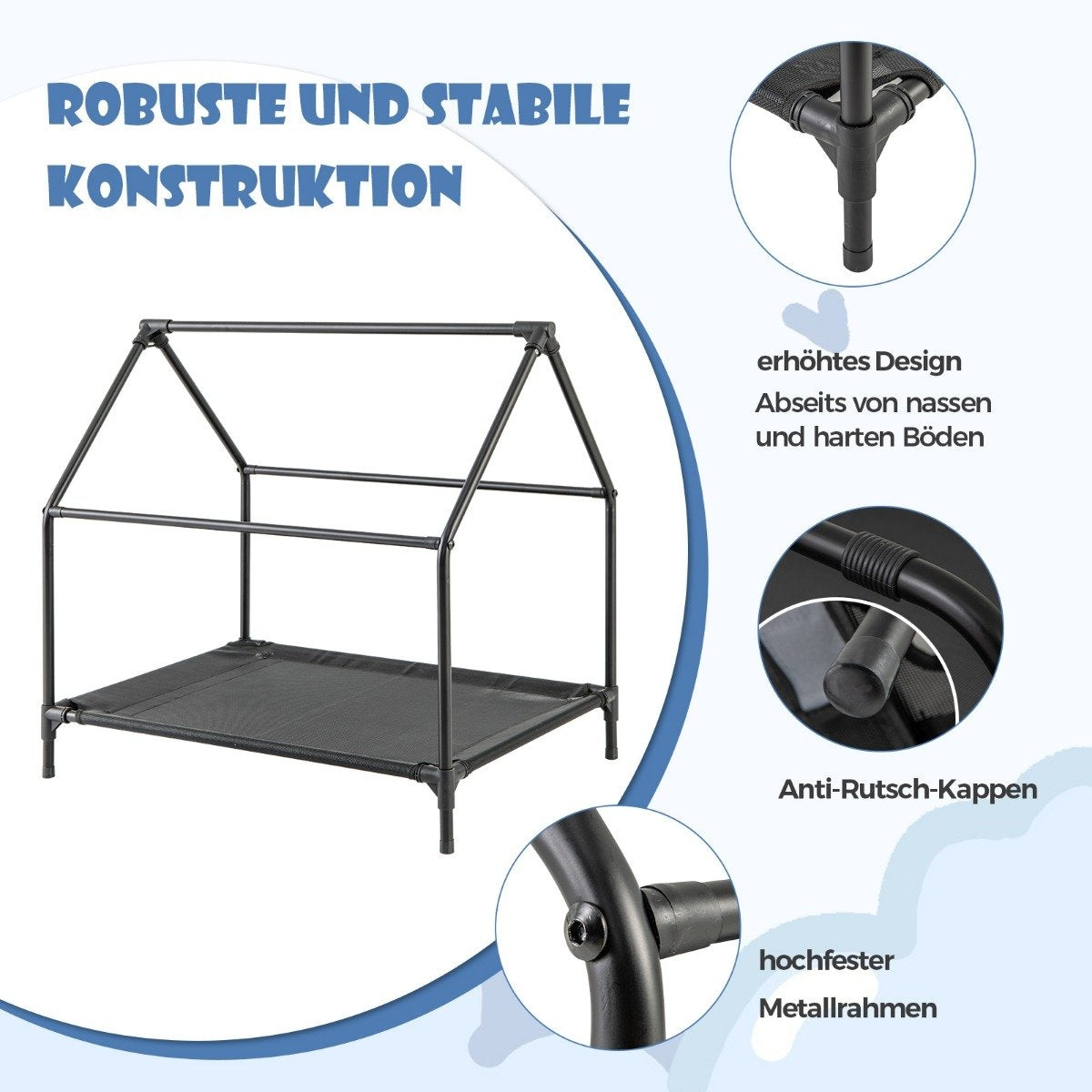 2 in 1 dog house &amp; Raised Dog Bed Dog Lounger Outdoor Pet House with Breathable Mesh Gray 64 x 91 x 86 cm