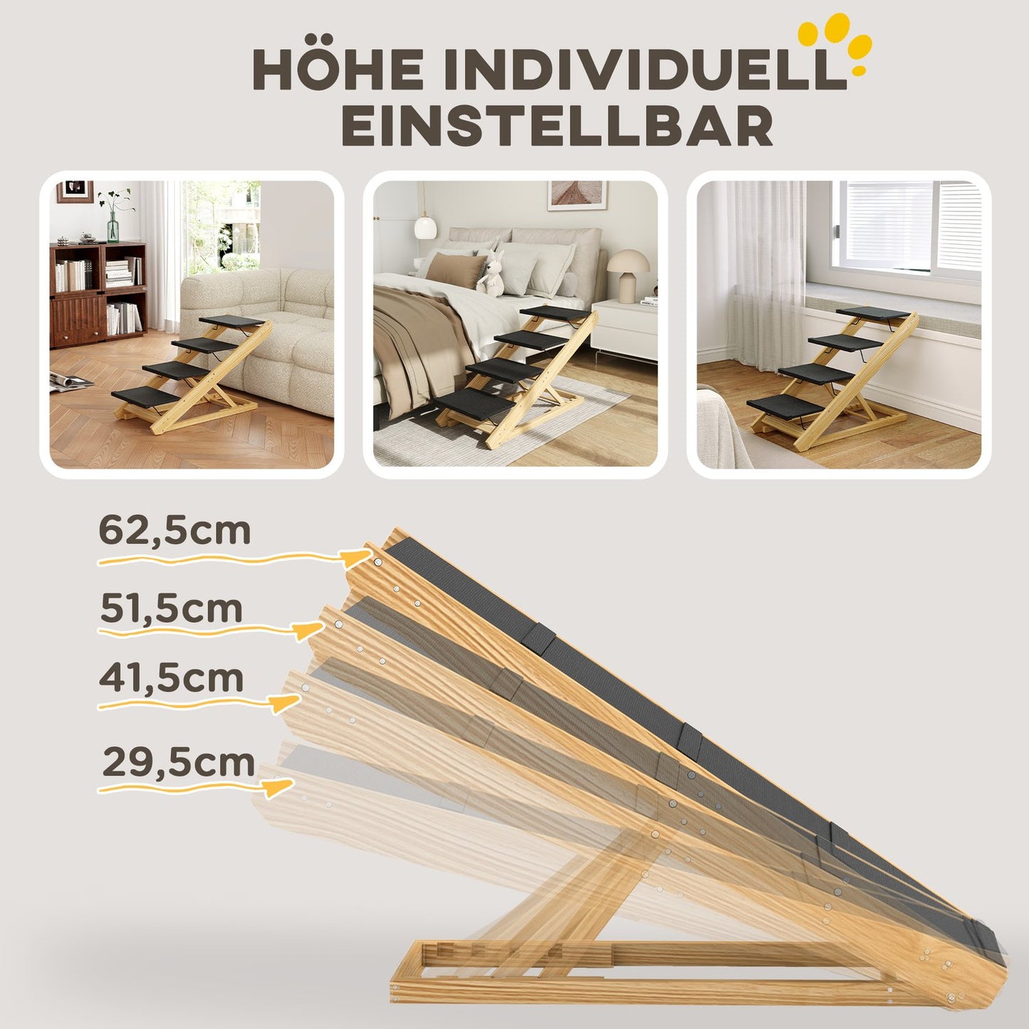 Height adjustable dog stairs - Foldable, non-slip 4 steps