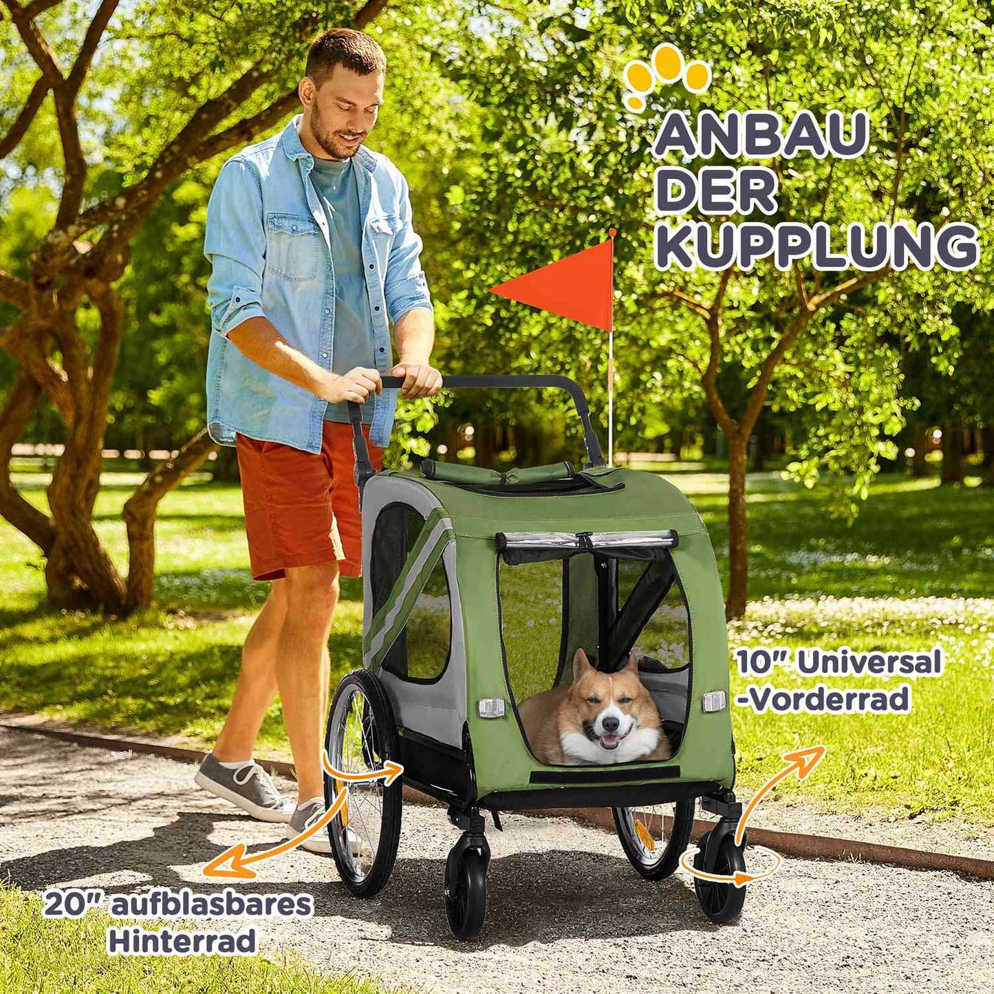 Dog trailer & stroller with reflexes for medium-sized dogs