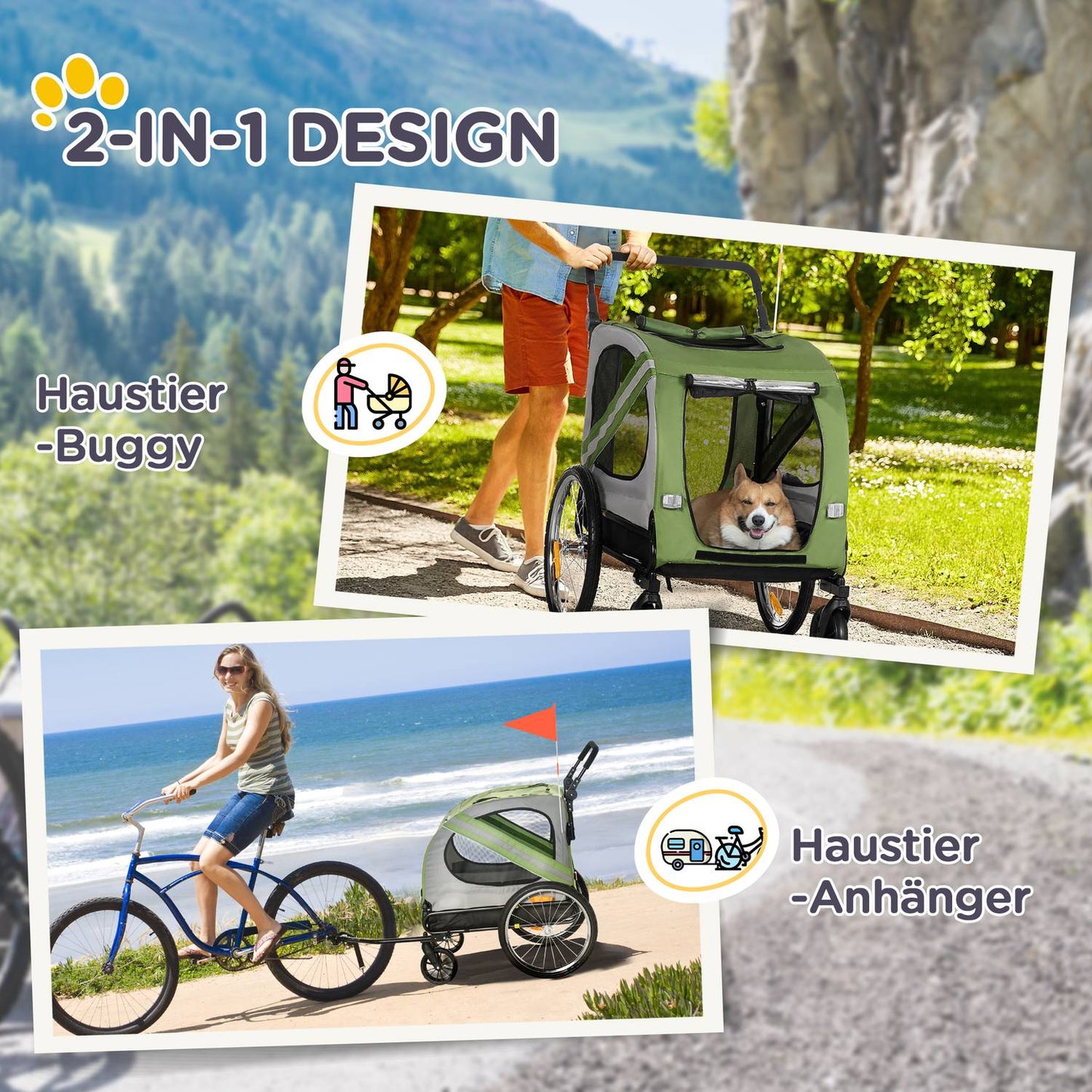 Dog trailer & stroller with reflexes for medium-sized dogs