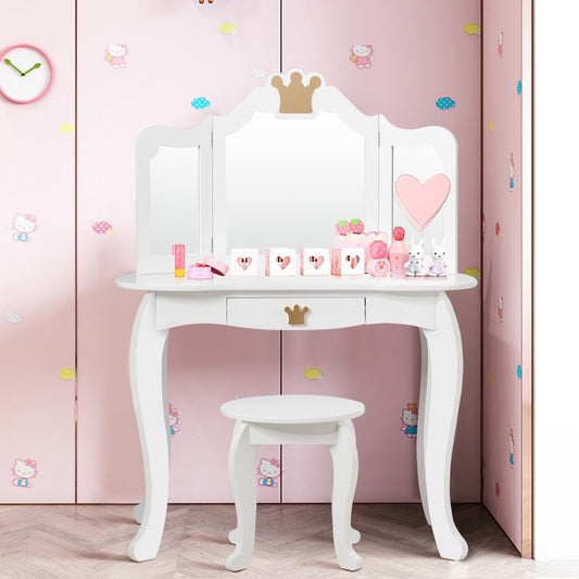 2 in 1 dressing table set children's dressing table girls dressing table wooden mirror table white 80x42x105cm