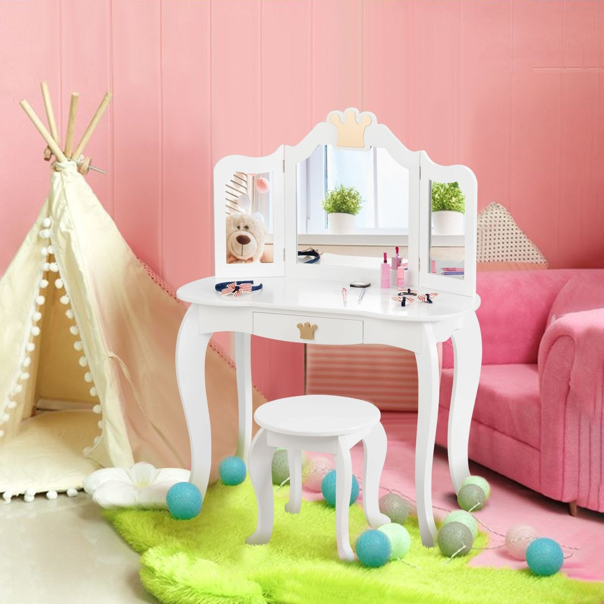 2 in 1 dressing table set children's dressing table girls dressing table wooden mirror table white 80x42x105cm