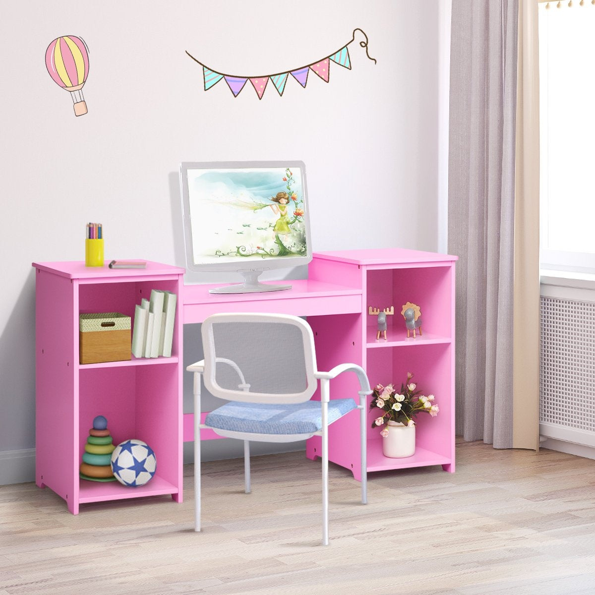 2 in 1 dressing table with removable mirror & open compartments made of wood for children from 3 years pink