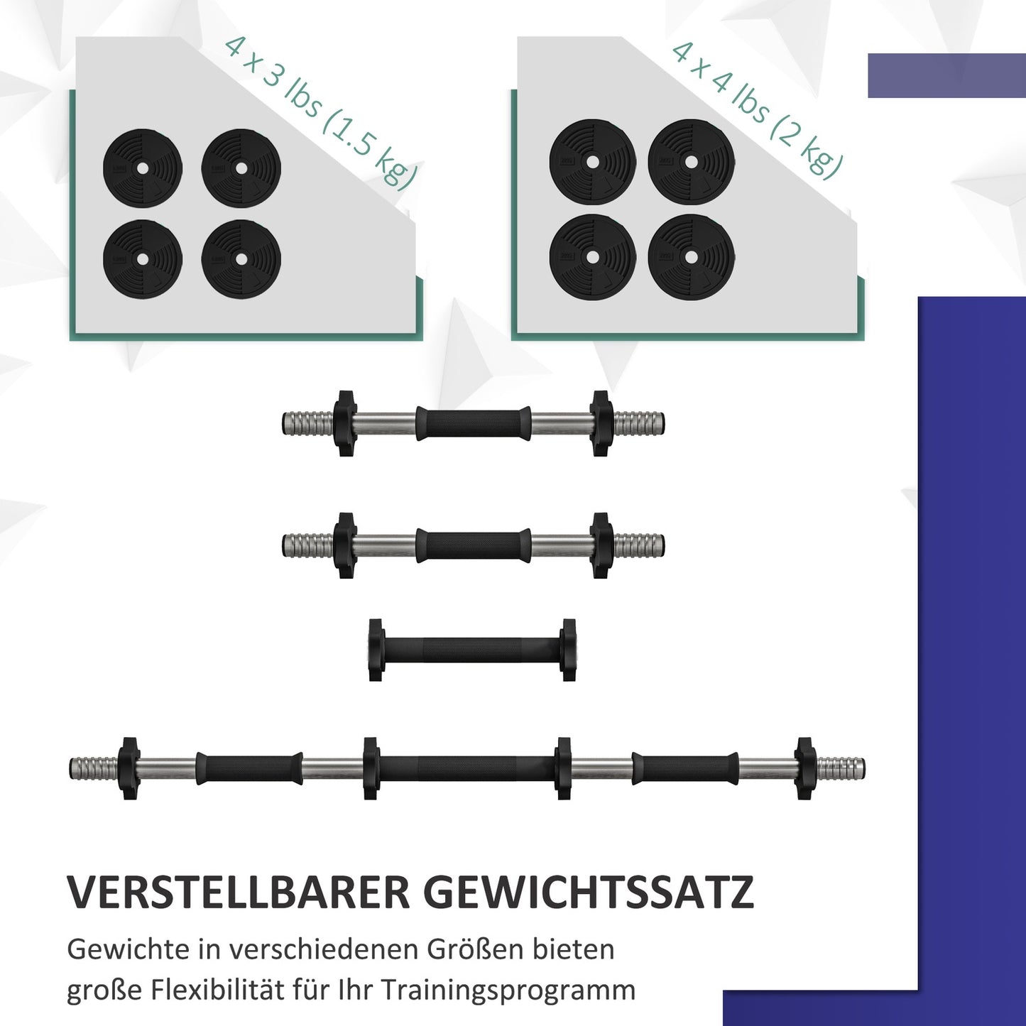 Adjustable dumbbell set, 15 kg, 2-in-1, floor-friendly