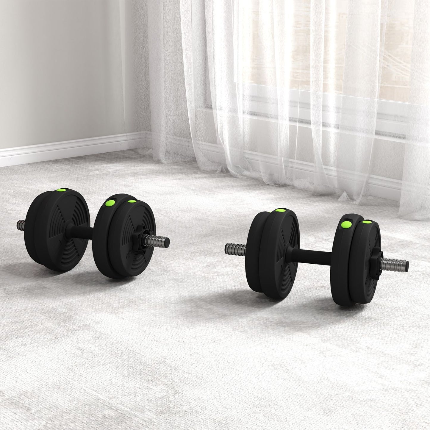 Adjustable dumbbell set, 15 kg, 2-in-1, floor-friendly