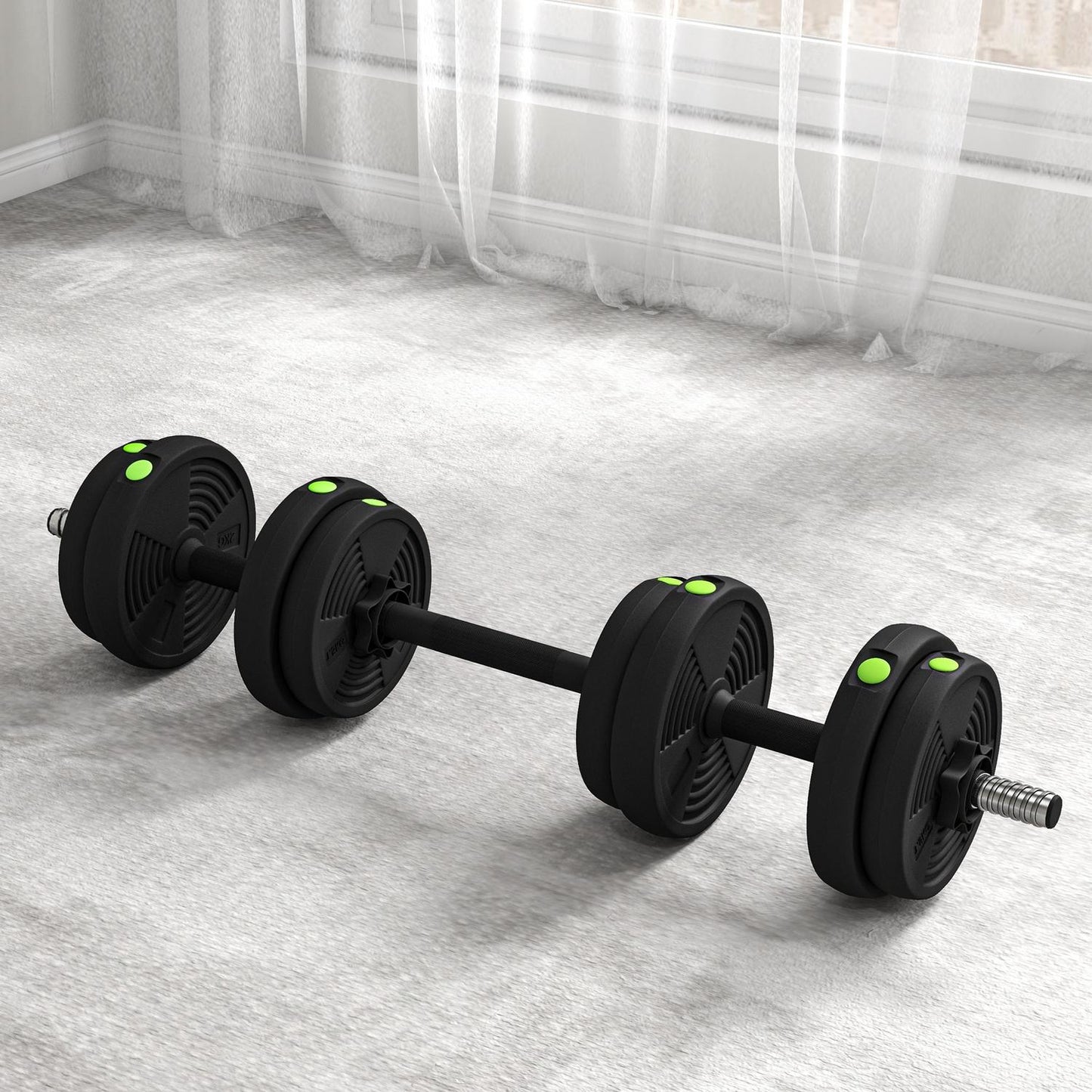 Adjustable dumbbell set, 15 kg, 2-in-1, floor-friendly
