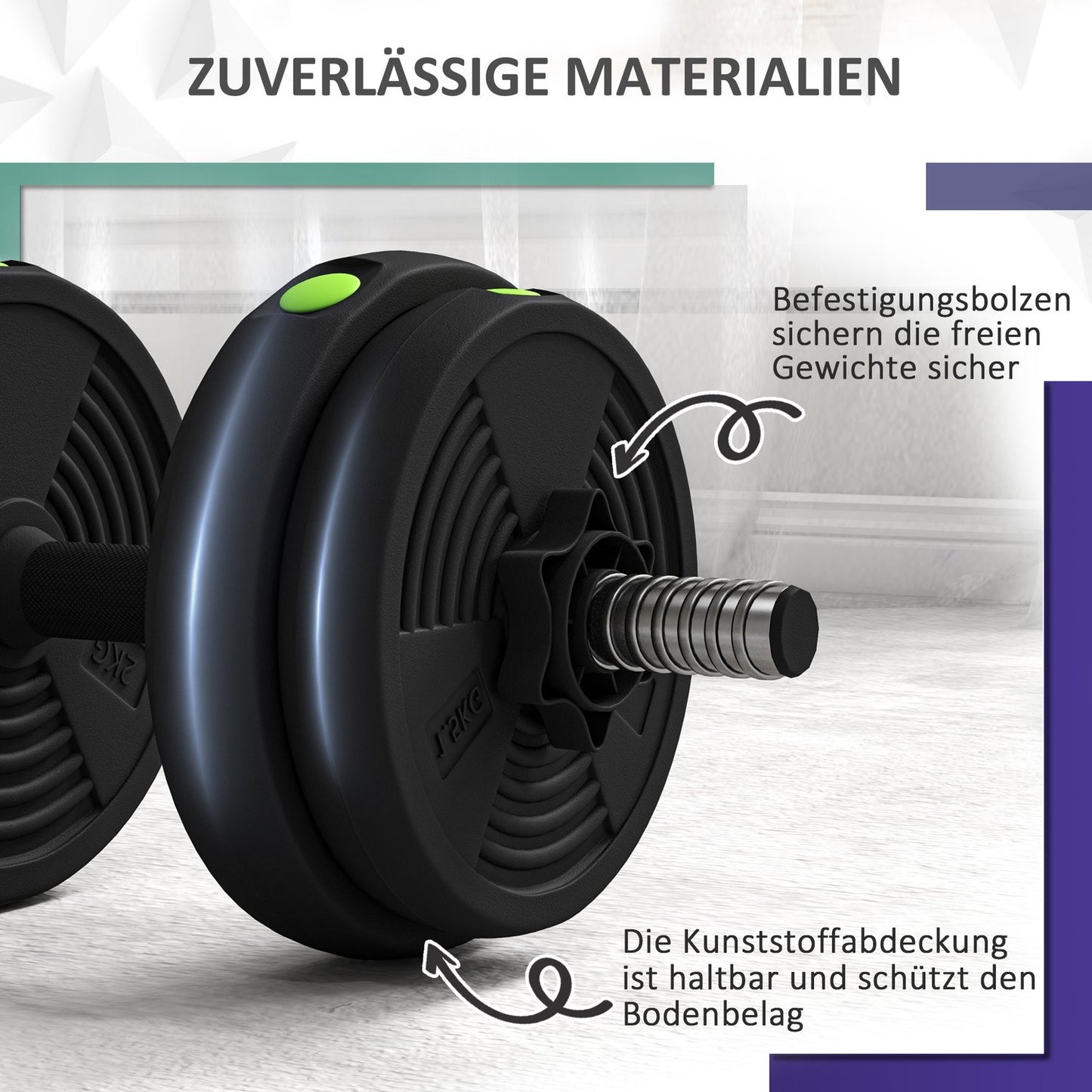 Adjustable dumbbell set, 15 kg, 2-in-1, floor-friendly