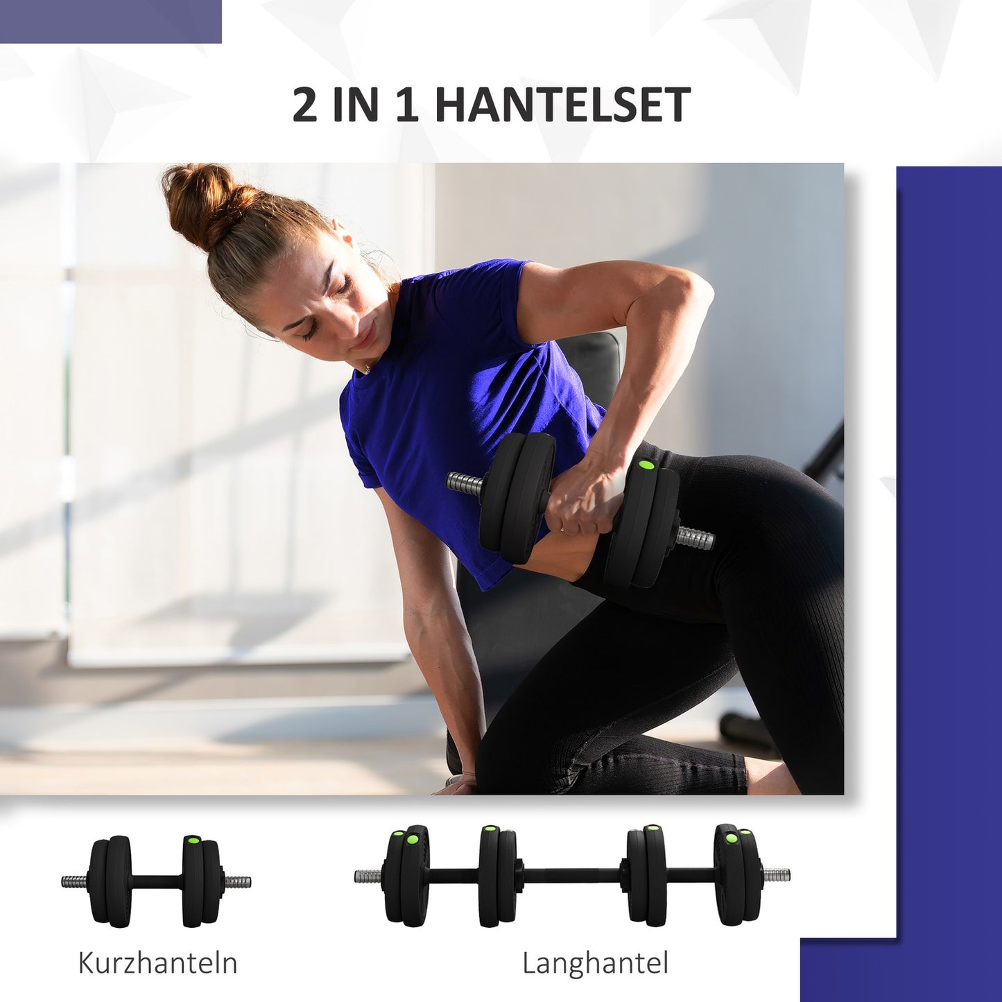Adjustable dumbbell set, 15 kg, 2-in-1, floor-friendly