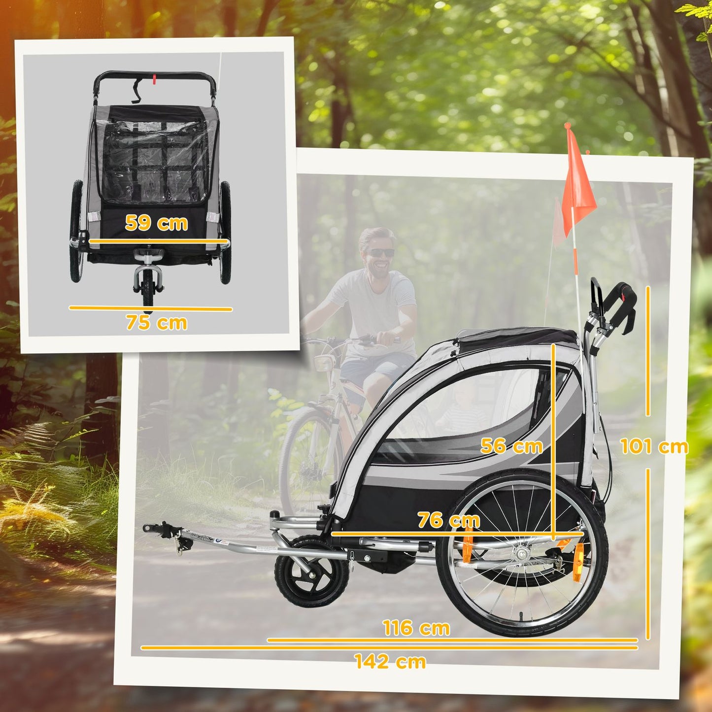 Folding bicycle stroller for 2, 18+ months, gray