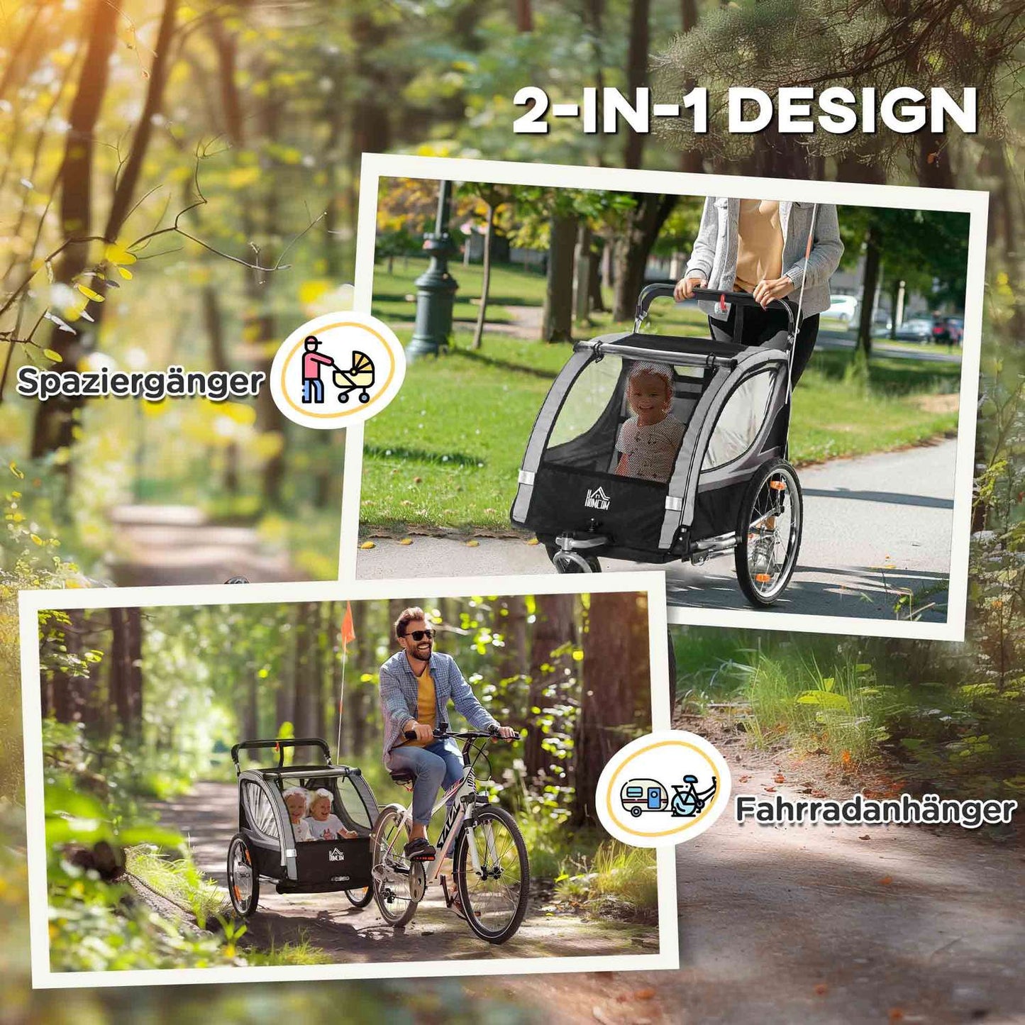 Folding bicycle stroller for 2, 18+ months, gray