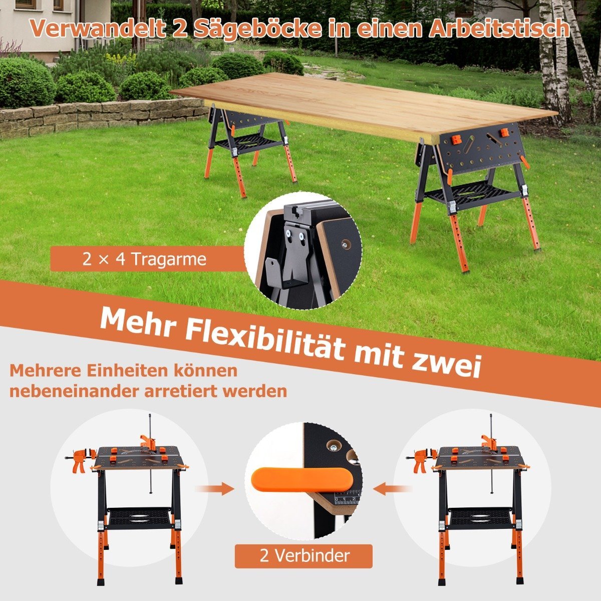 2 in 1 folding work table with 8 adjustable heights & work surface & metal frame workbench
