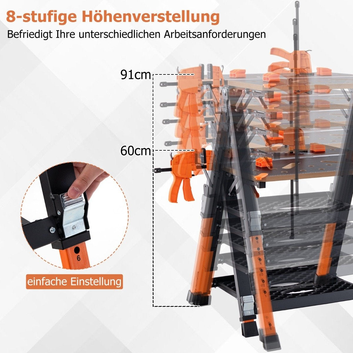 2 in 1 folding work table with 8 adjustable heights & work surface & metal frame workbench