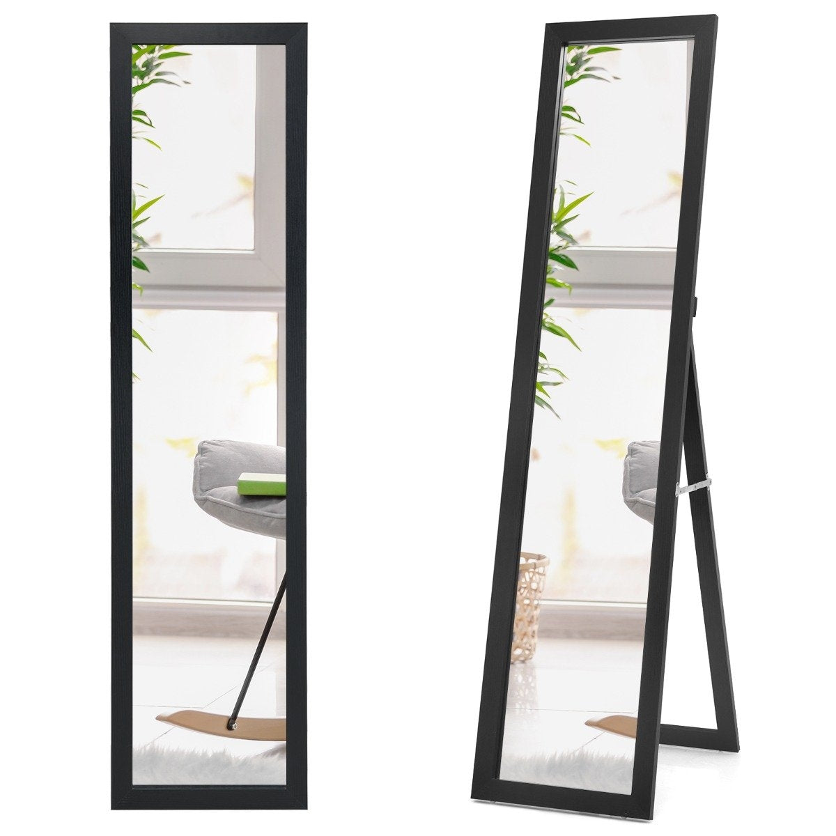 2 in 1 full body mirror full body mirror with wooden frame 37 x 155 cm black