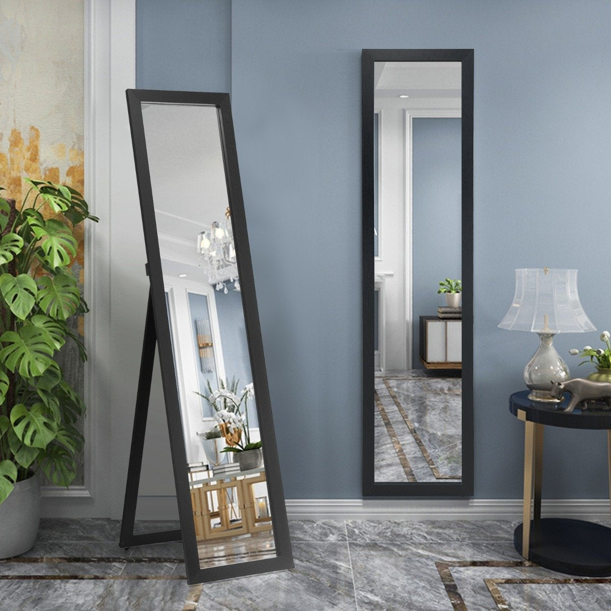 2 in 1 full body mirror full body mirror with wooden frame 37 x 155 cm black