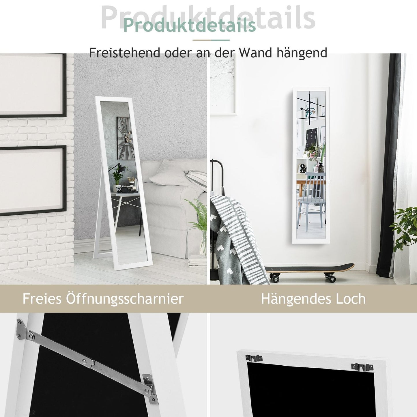 2 in 1 full body mirror full length mirror with wooden frame 37 x 155 cm white
